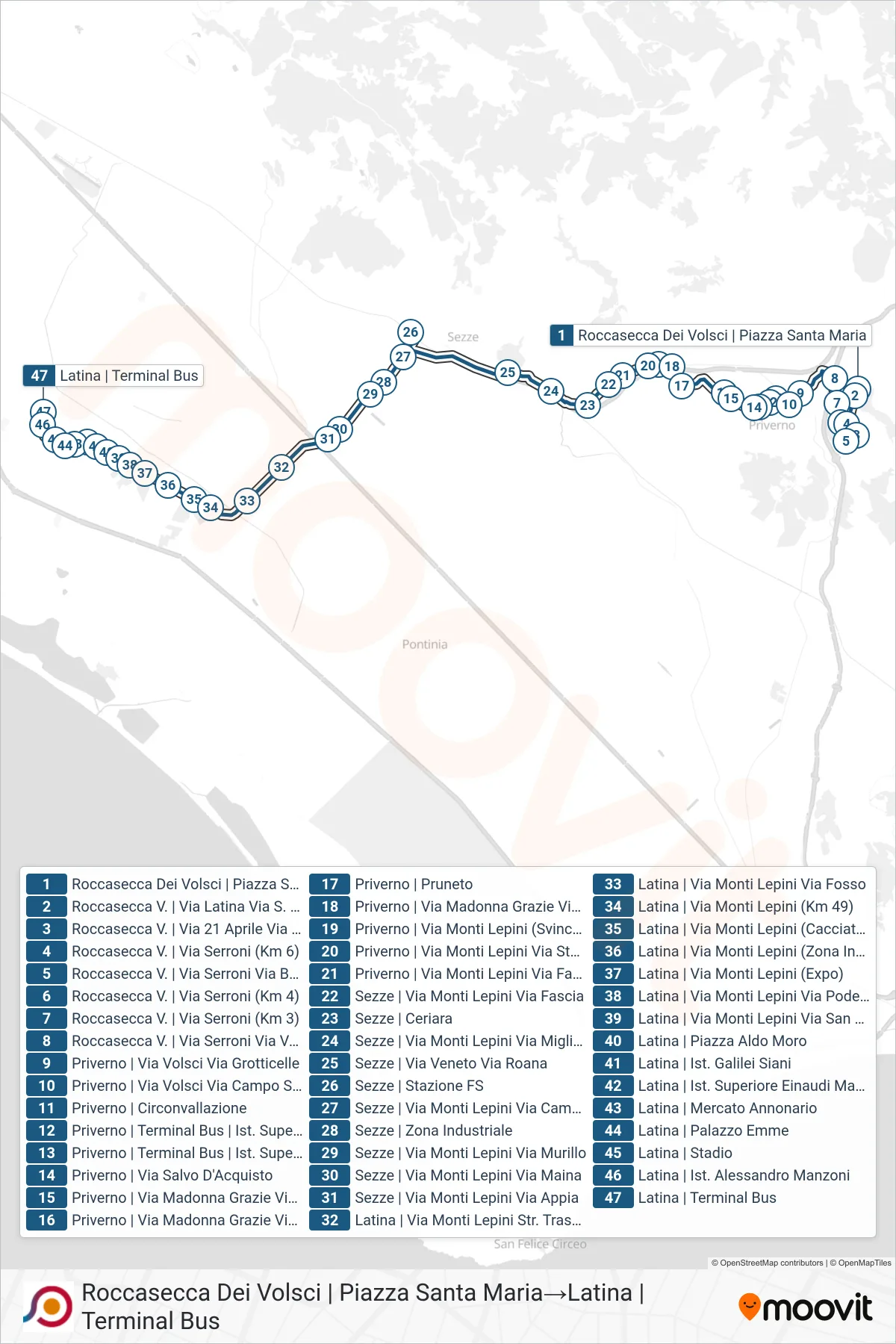 Linea COTRAL bus (Roccasecca Dei Volsci | Piazza Santa Maria→Latina | Terminal Bus) - Percorsi e fermate sulla mappa