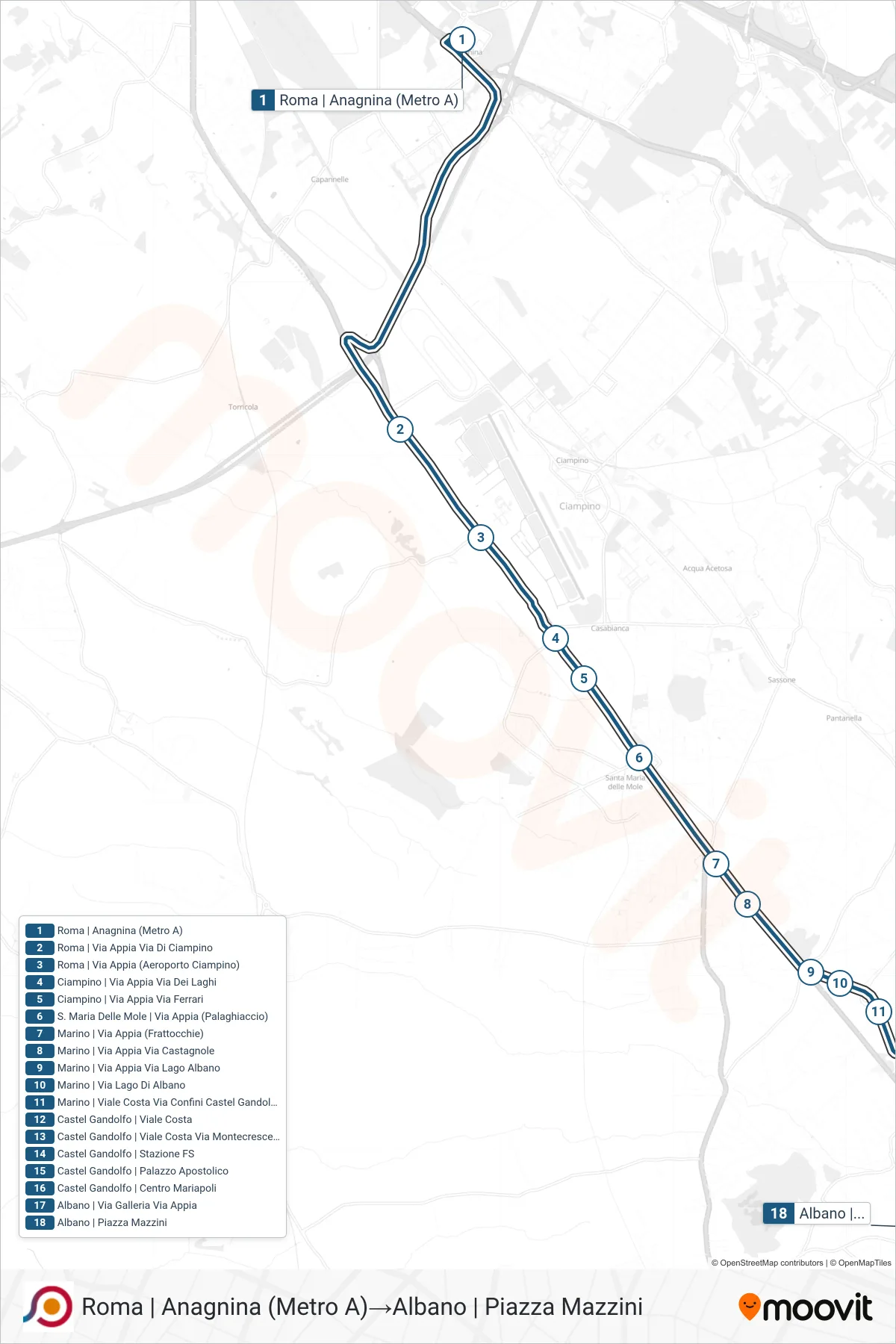 Linea COTRAL bus (Roma | Anagnina (Metro A)→Albano | Piazza Mazzini) - Percorsi e fermate sulla mappa