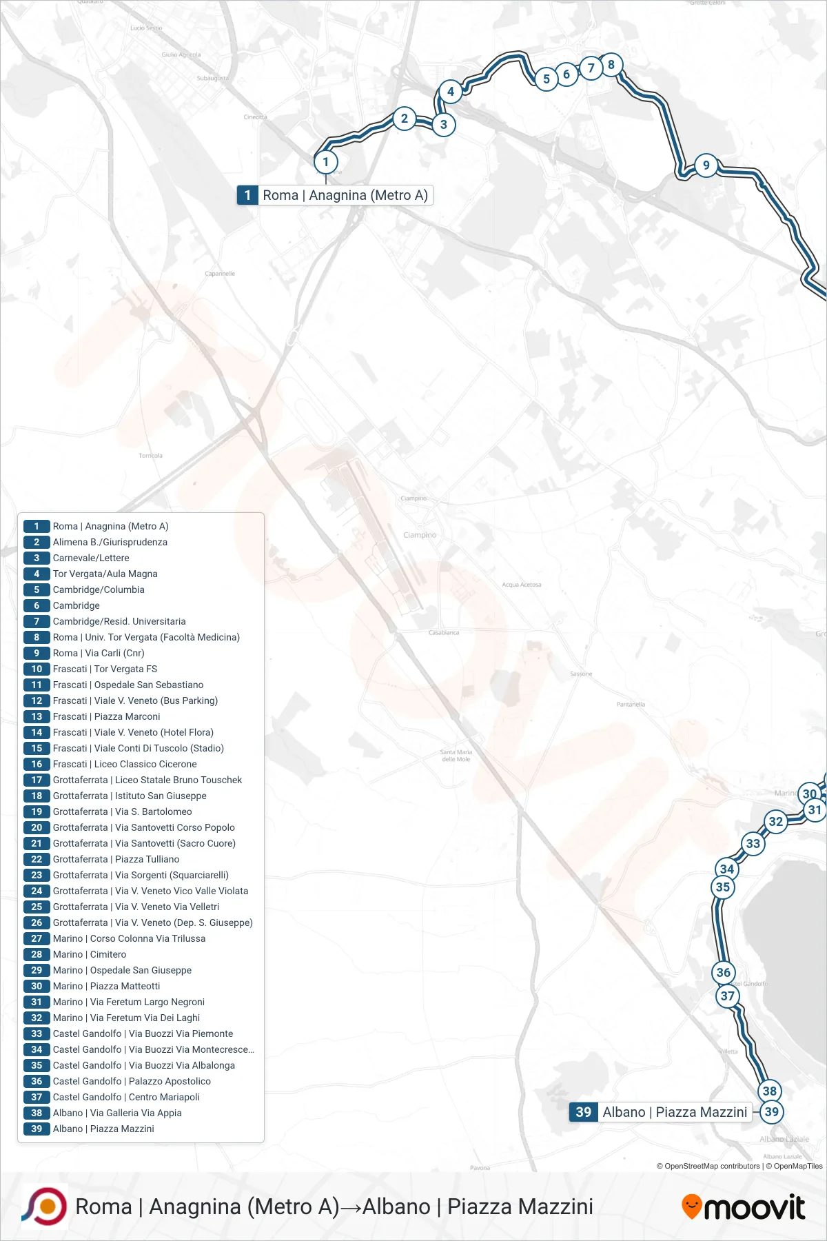Linea COTRAL  bus (Roma | Anagnina (Metro A)‎→Albano | Piazza Mazzini) - Percorsi e fermate sulla mappa