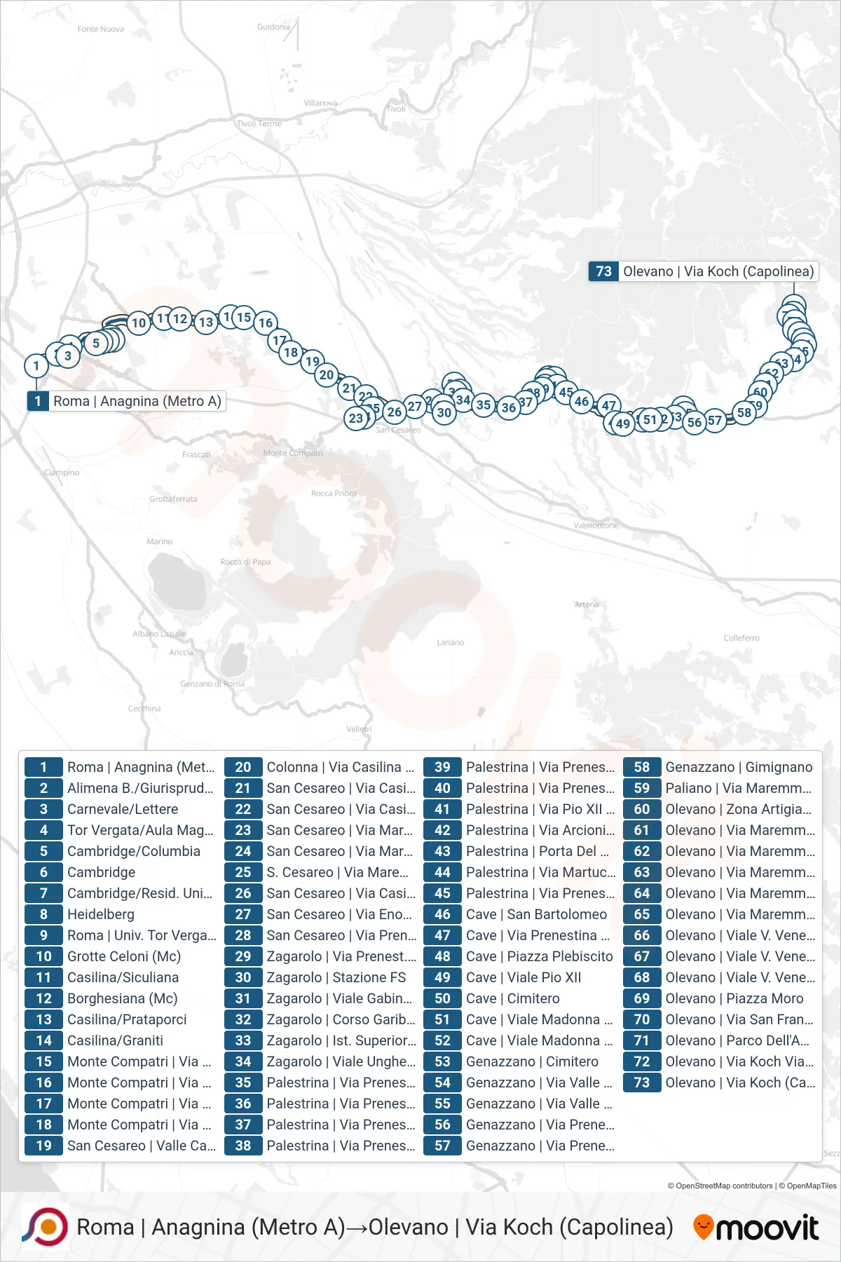 Linea COTRAL bus (Roma | Anagnina (Metro A)→Olevano | Via Koch (Capolinea)) - Percorsi e fermate sulla mappa
