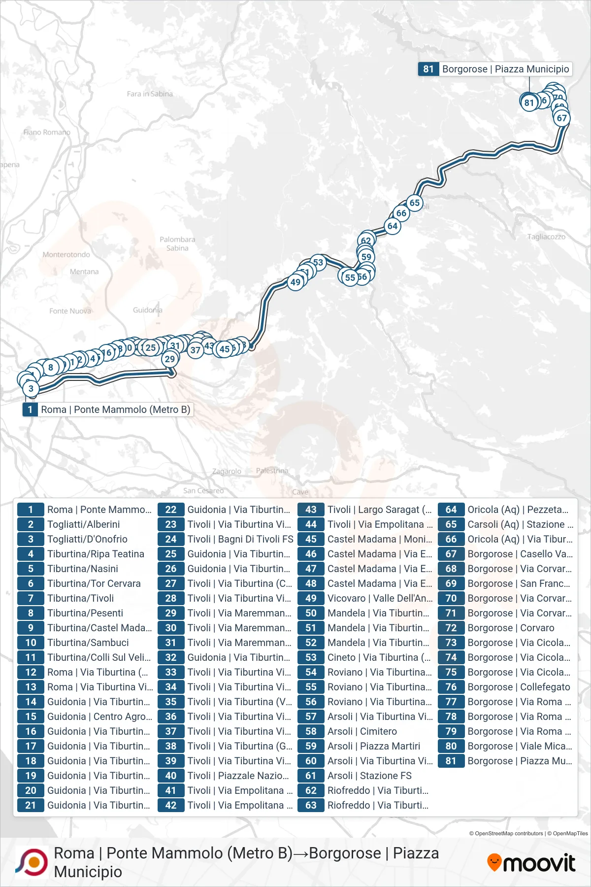 Linea COTRAL bus (Roma | Ponte Mammolo (Metro B)→Borgorose | Piazza Municipio) - Percorsi e fermate sulla mappa