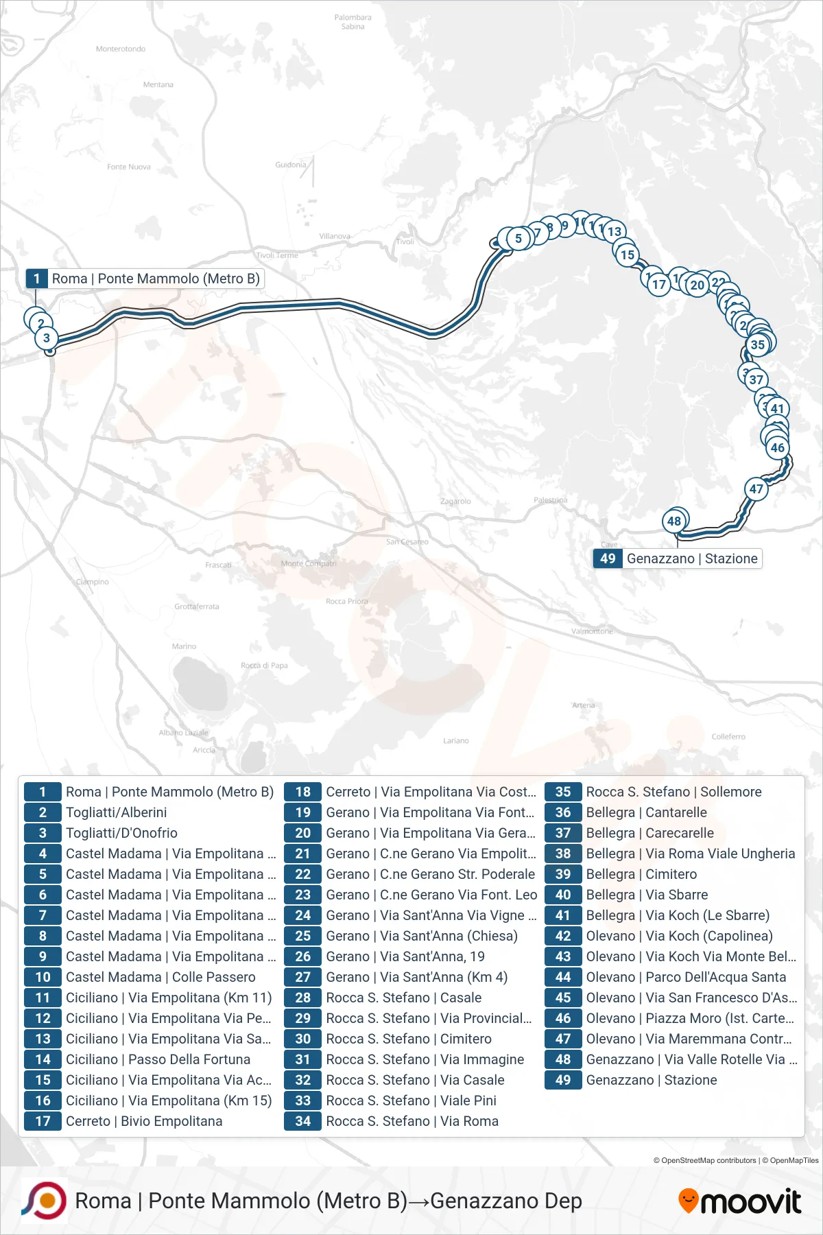Linea COTRAL bus (Roma | Ponte Mammolo (Metro B)→Genazzano Dep) - Percorsi e fermate sulla mappa