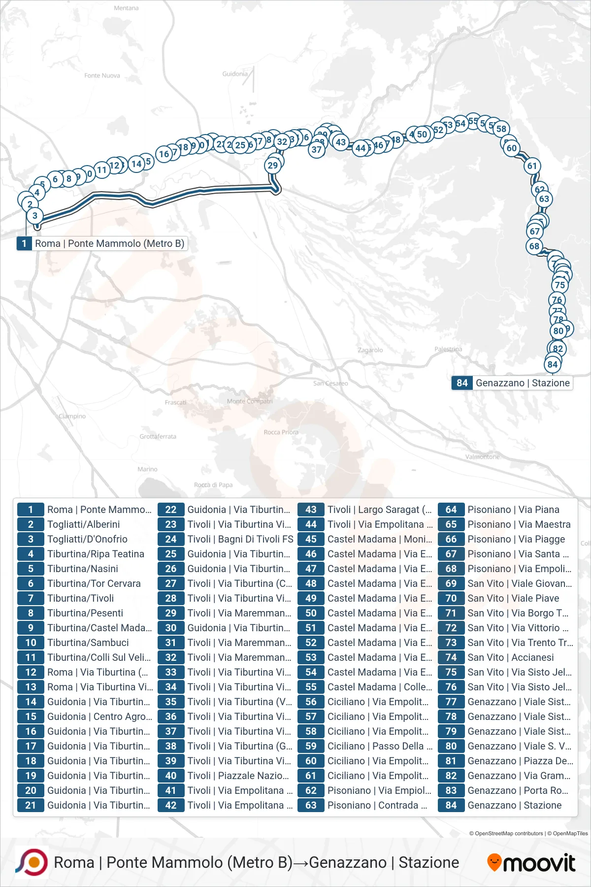 Linea COTRAL bus (Roma | Ponte Mammolo (Metro B)→Genazzano | Stazione) - Percorsi e fermate sulla mappa