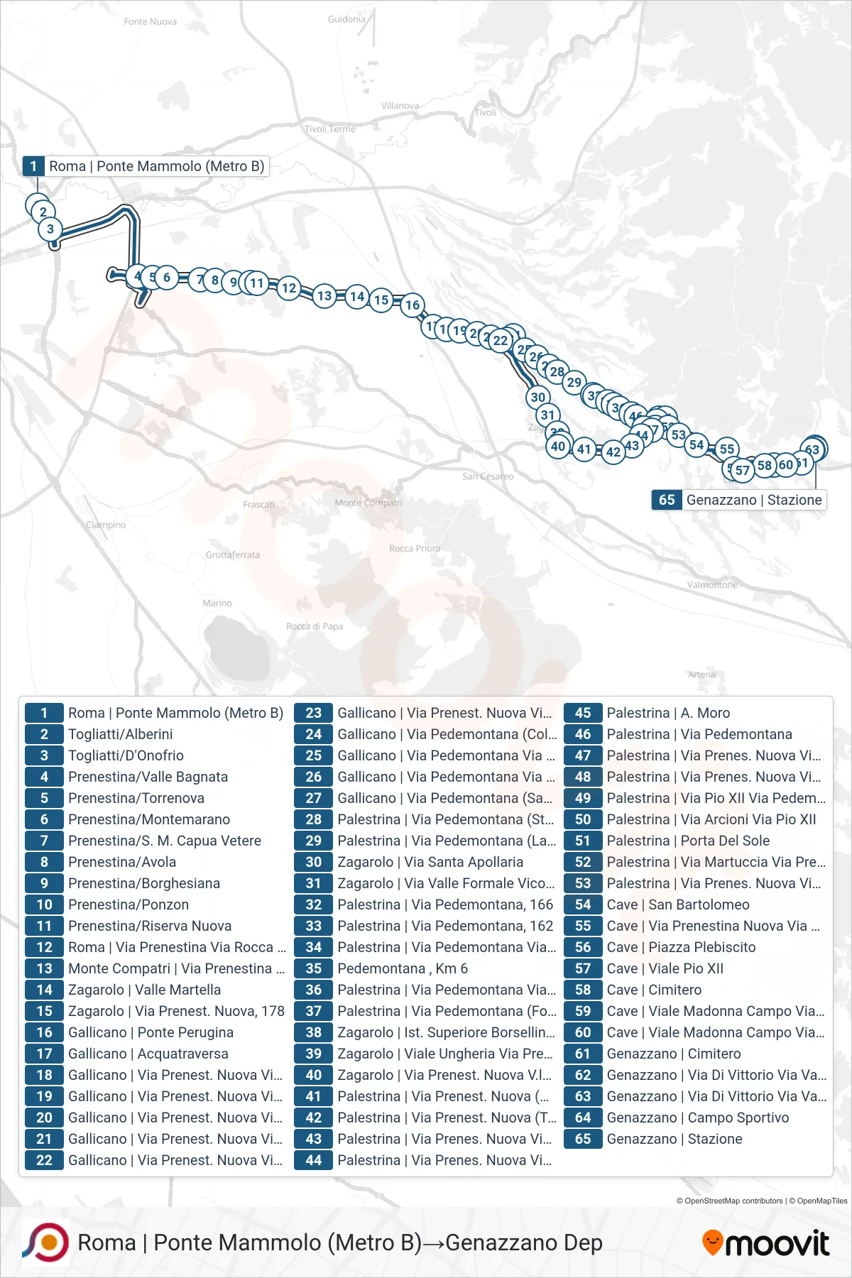 Linea COTRAL  bus (Roma | Ponte Mammolo (Metro B)‎→Genazzano Dep) - Percorsi e fermate sulla mappa