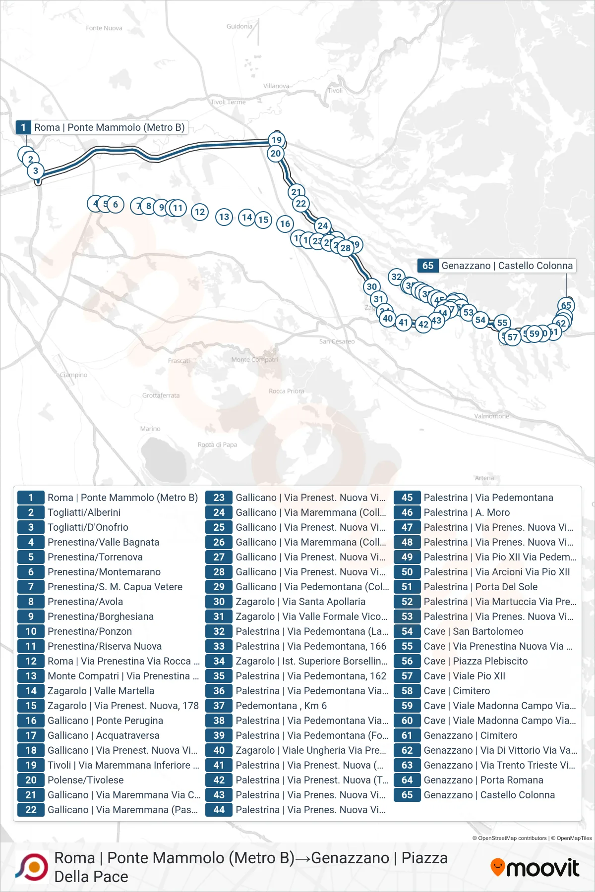Linea COTRAL bus (Roma | Ponte Mammolo (Metro B)→Genazzano | Piazza Della Pace) - Percorsi e fermate sulla mappa