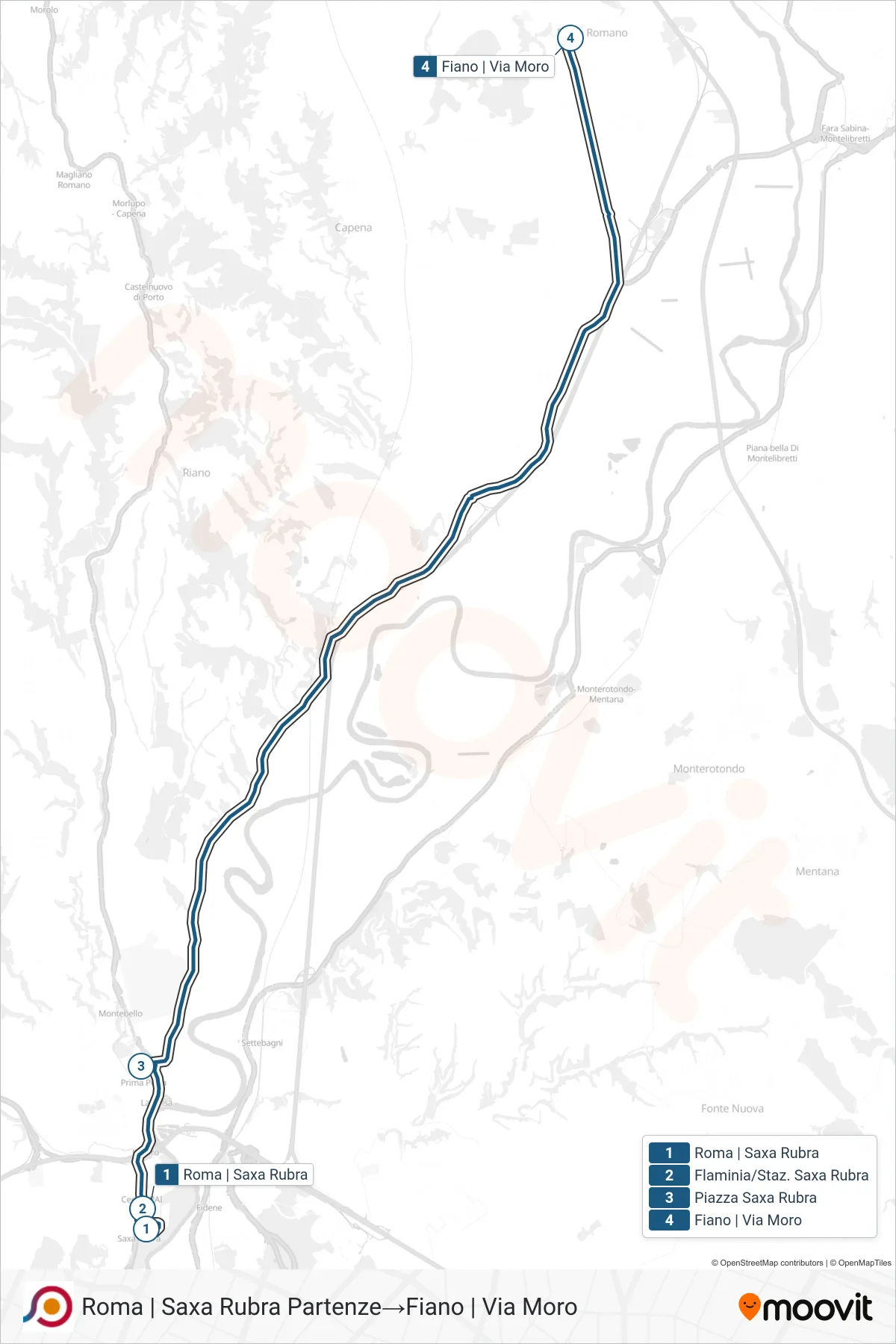 COTRAL bus Line (Rome | Saxa Rubra Departures→Fiano via Moro) route and stops on a map