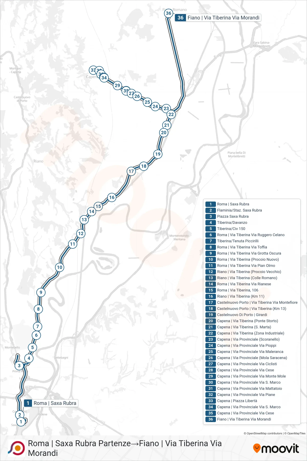 Linea COTRAL bus (Roma | Saxa Rubra Partenze→Fiano | Via Tiberina Via Morandi) - Percorsi e fermate sulla mappa