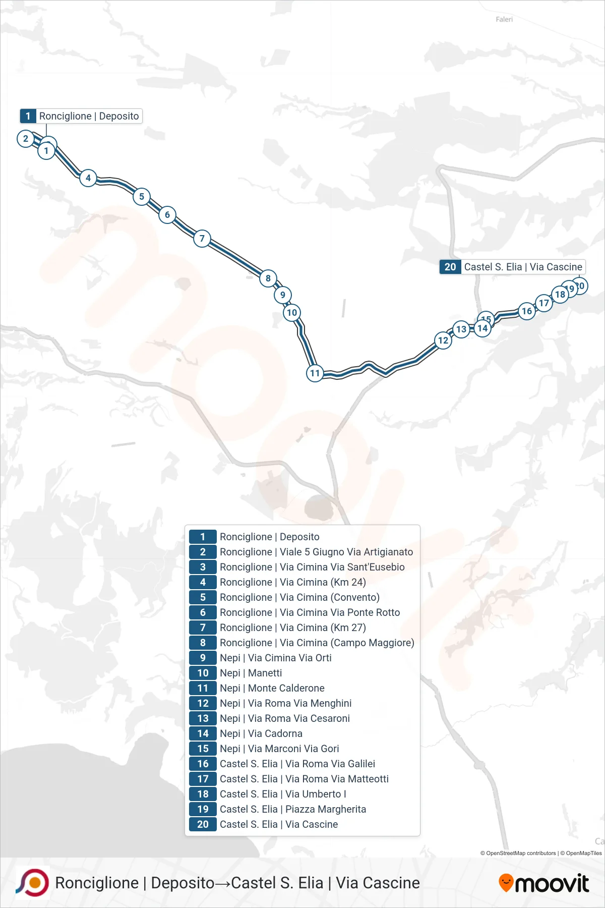 COTRAL bus Line (Ronciglione | Depot‎→Castel Sant'Elia Via Cascine) route and stops on a map