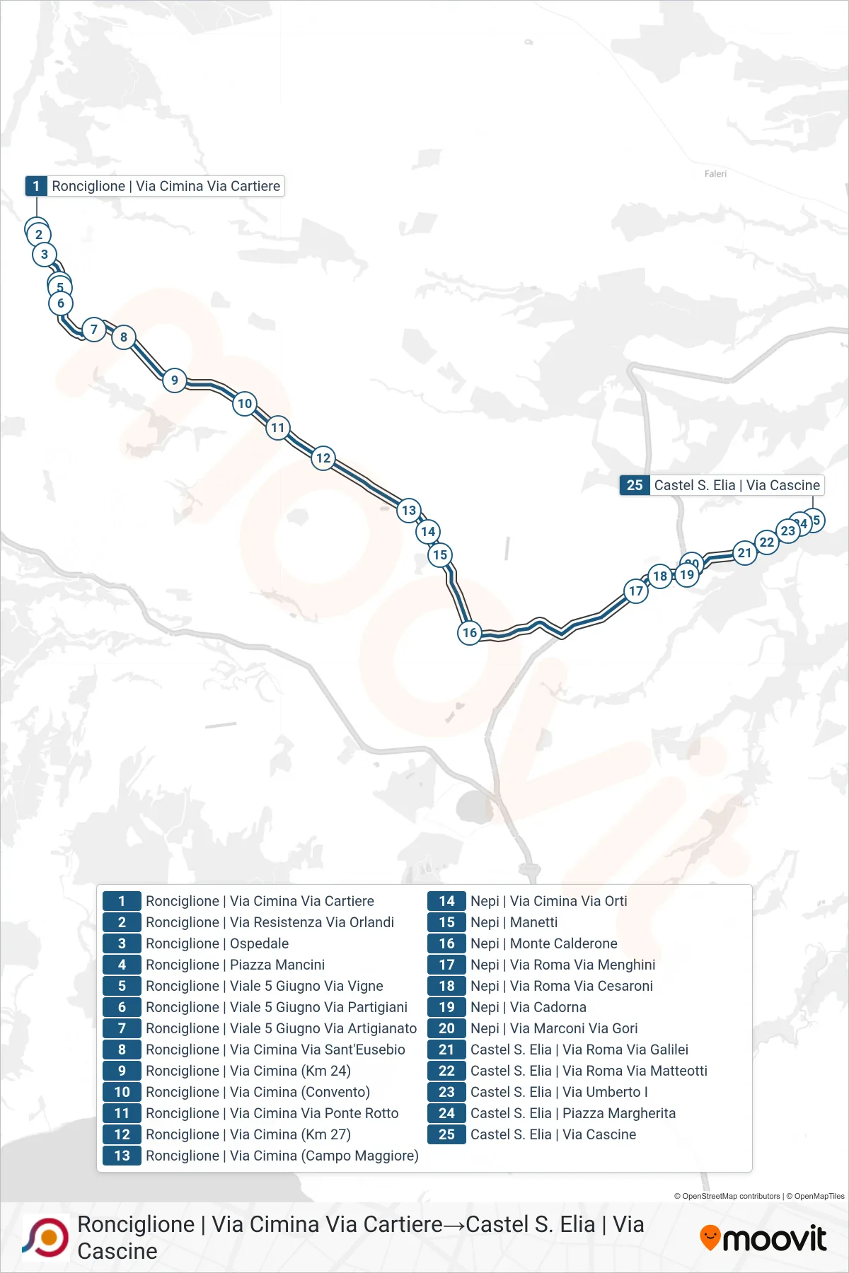 Linea COTRAL bus (Ronciglione | Via Cimina Via Cartiere→Castel S. Elia | Via Cascine) - Percorsi e fermate sulla mappa