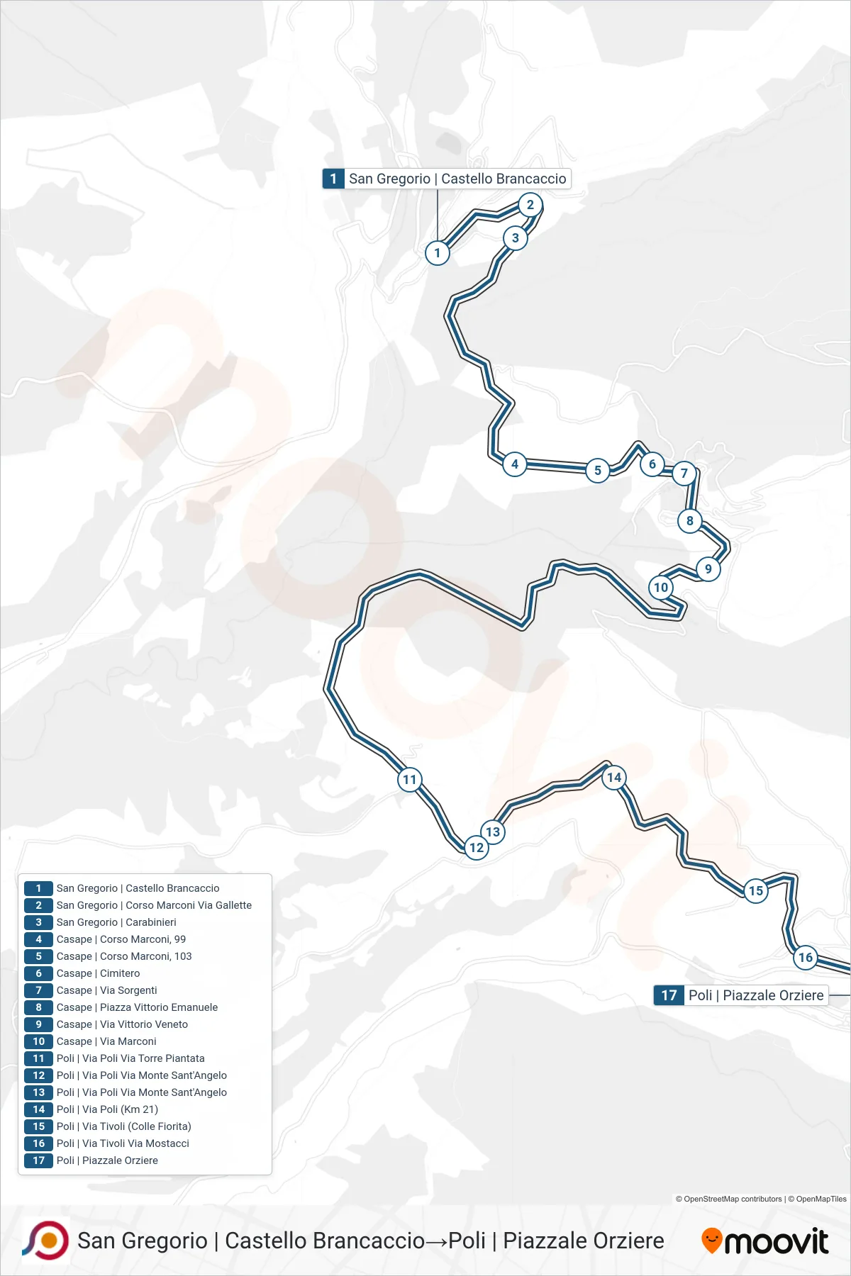 Linea COTRAL bus (San Gregorio | Castello Brancaccio→Poli | Piazzale Orziere) - Percorsi e fermate sulla mappa