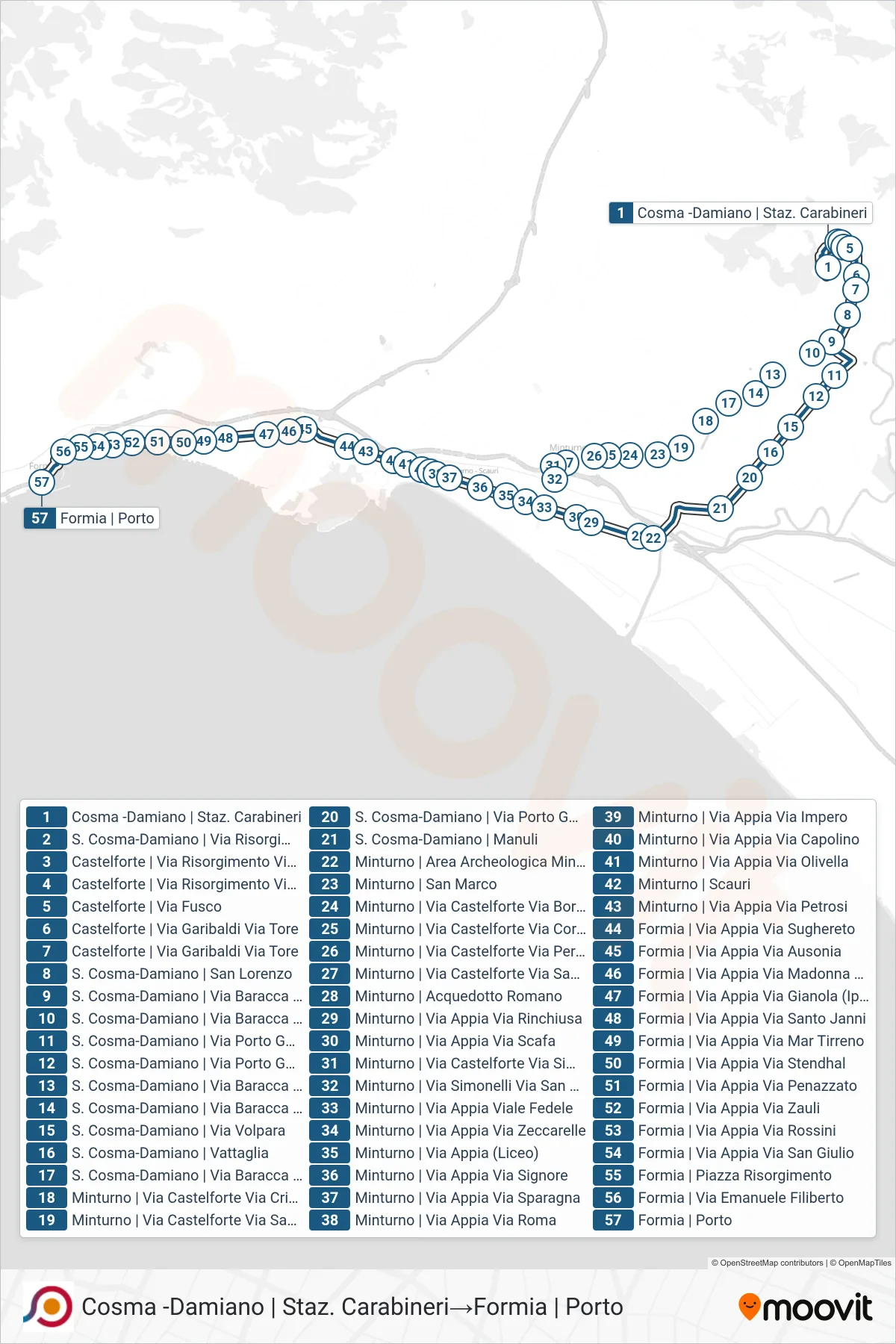 Linea COTRAL bus (Cosma -Damiano | Staz. Carabineri→Formia | Porto) - Percorsi e fermate sulla mappa
