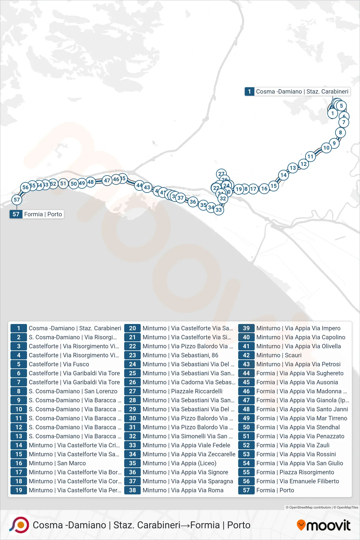 Linea COTRAL bus (Cosma -Damiano | Staz. Carabineri→Formia | Porto) - Percorsi e fermate sulla mappa