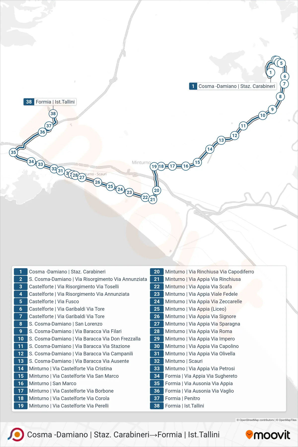 Linea COTRAL  bus (Cosma -Damiano | Staz. Carabineri‎→Formia | Ist.Tallini) - Percorsi e fermate sulla mappa