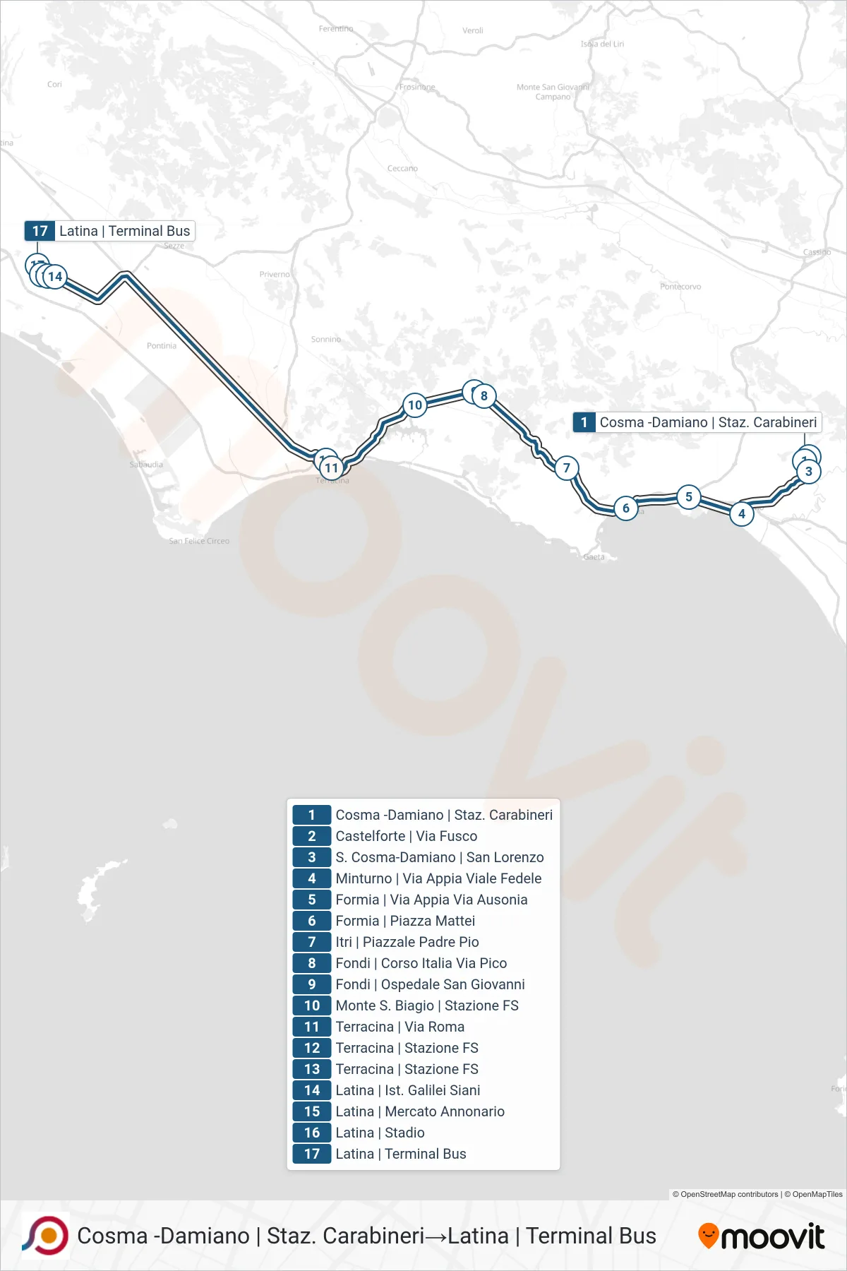 Linea COTRAL bus (Cosma -Damiano | Staz. Carabineri→Latina | Terminal Bus) - Percorsi e fermate sulla mappa
