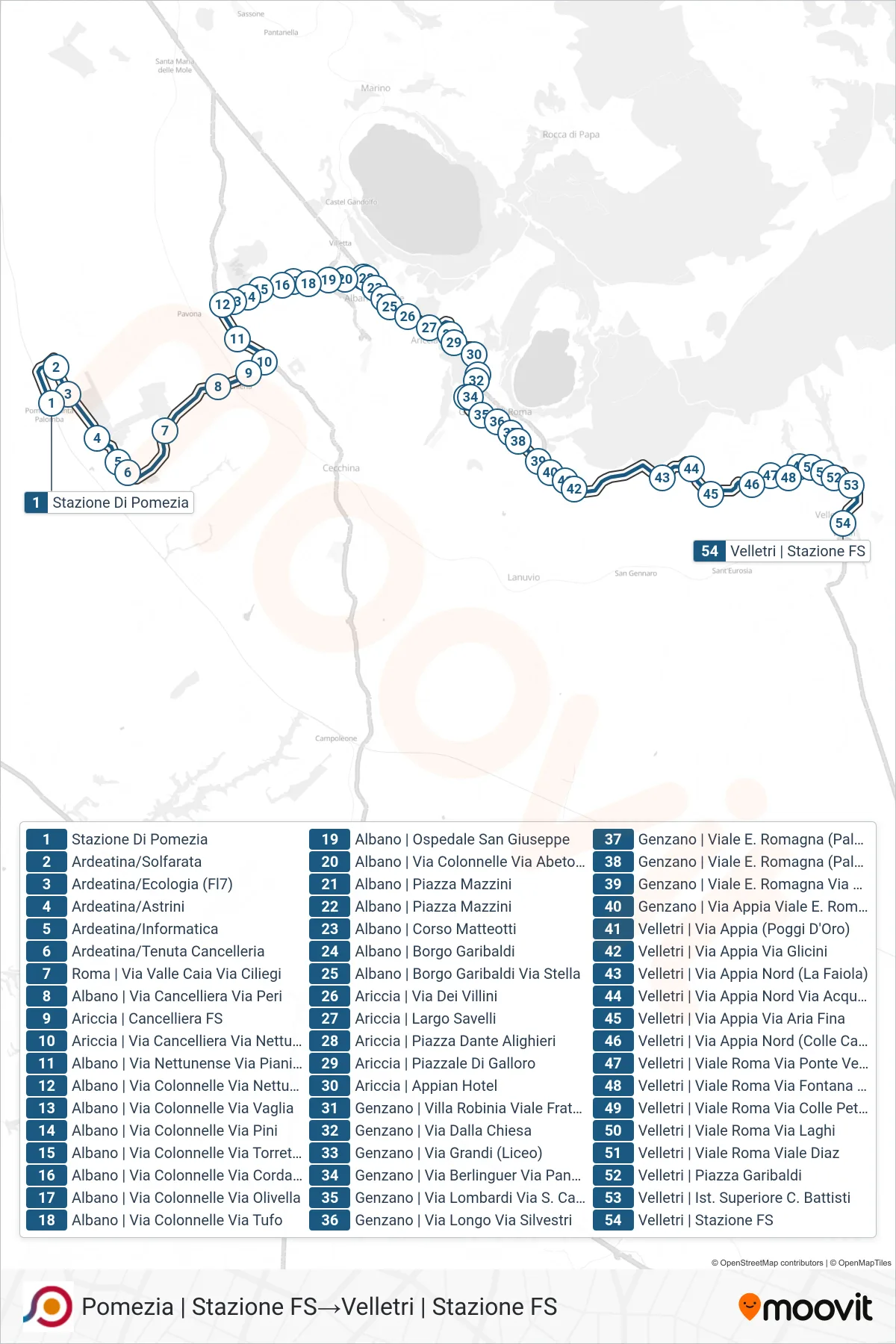Linea COTRAL bus (Pomezia | Stazione FS→Velletri | Stazione FS) - Percorsi e fermate sulla mappa
