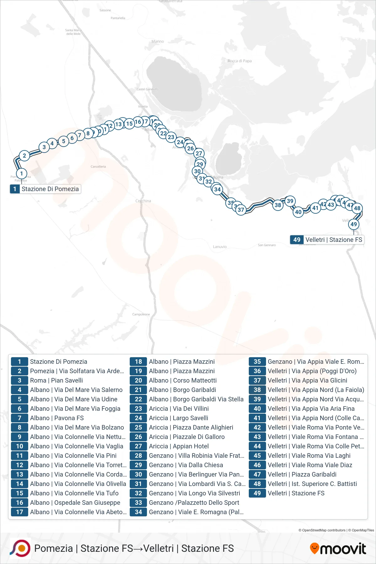 Linea COTRAL bus (Pomezia | Stazione FS→Velletri | Stazione FS) - Percorsi e fermate sulla mappa