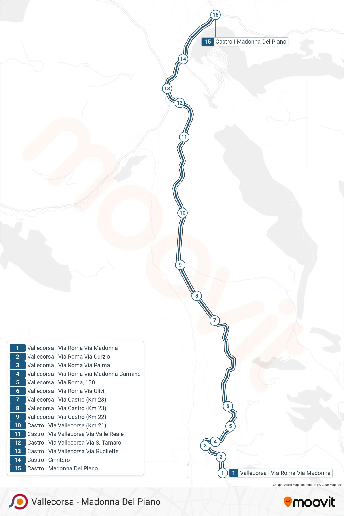 Linea COTRAL  bus (Vallecorsa | Via Roma Via Madonna‎→Castro | Madonna Del Piano) - Percorsi e fermate sulla mappa