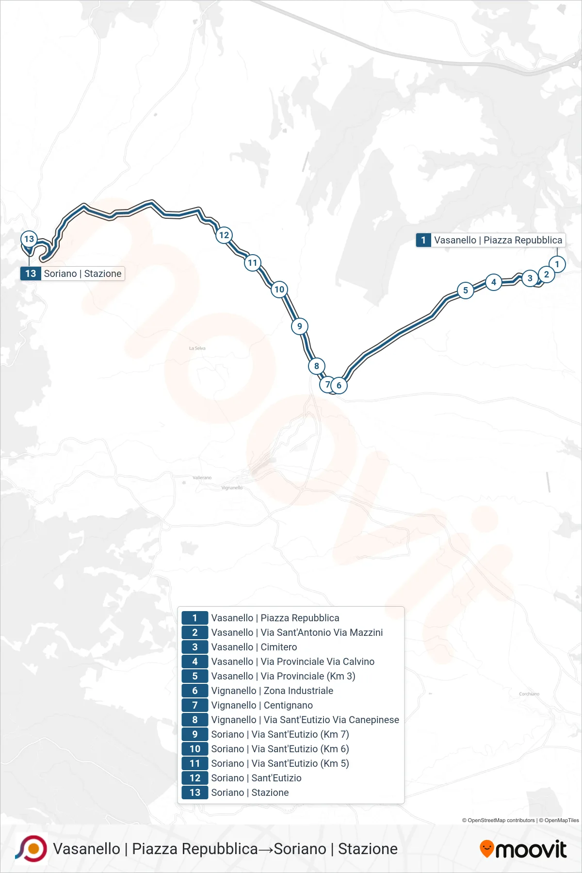 Linea COTRAL bus (Vasanello | Piazza Repubblica→Soriano | Stazione) - Percorsi e fermate sulla mappa