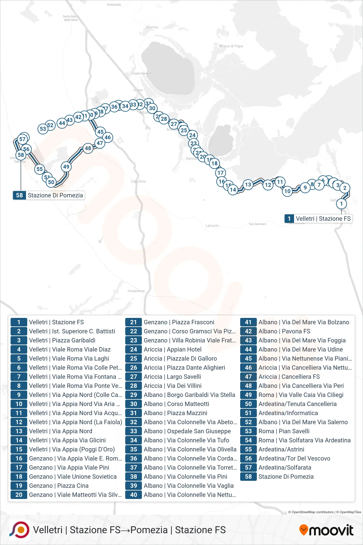 Linea COTRAL bus (Velletri | Stazione FS→Pomezia | Stazione FS) - Percorsi e fermate sulla mappa