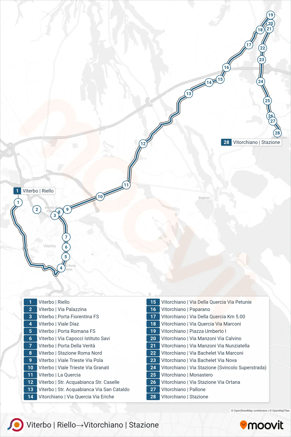 Linea COTRAL bus (Viterbo | Riello→Vitorchiano | Stazione) - Percorsi e fermate sulla mappa