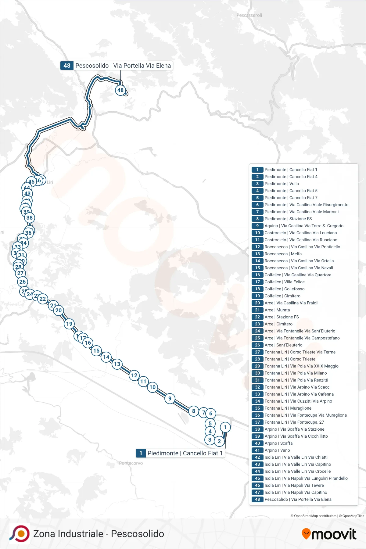 Linea COTRAL bus (Piedimonte | Cancello Fiat 1→Pescosolido | Via Portella Via Elena) - Percorsi e fermate sulla mappa