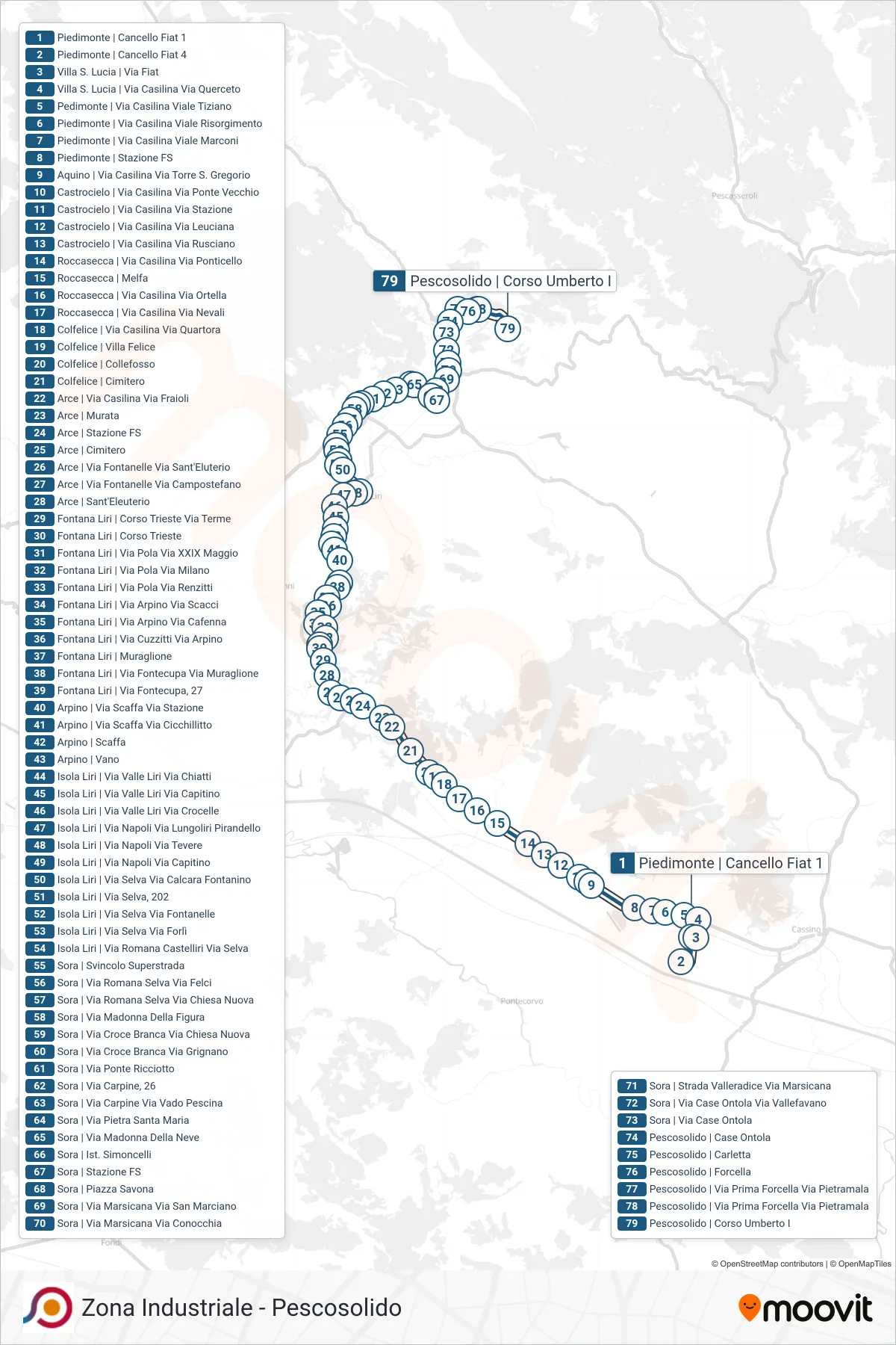 Linea COTRAL  bus (Piedimonte | Cancello Fiat 1‎→Pescosolido | Corso Umberto I) - Percorsi e fermate sulla mappa