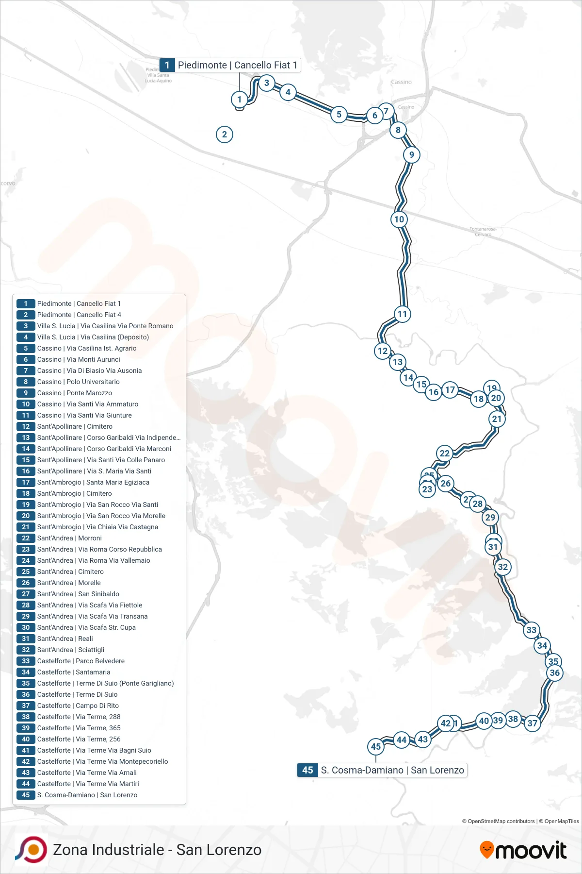 Linea COTRAL bus (Piedimonte | Cancello Fiat 1→S. Cosma-Damiano | San Lorenzo) - Percorsi e fermate sulla mappa