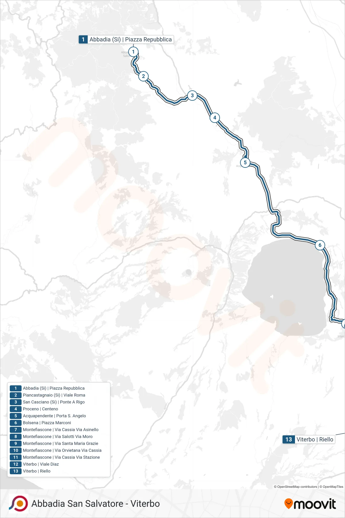 Linea COTRAL bus (Abbadia (Si) | Piazza Repubblica→Viterbo | Riello) - Percorsi e fermate sulla mappa