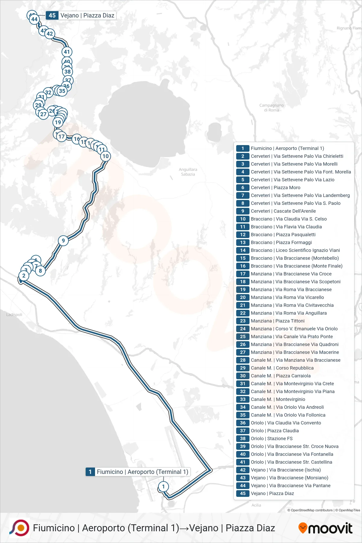 Linea COTRAL bus (Fiumicino | Aeroporto (Terminal 1)→Vejano | Piazza Diaz) - Percorsi e fermate sulla mappa