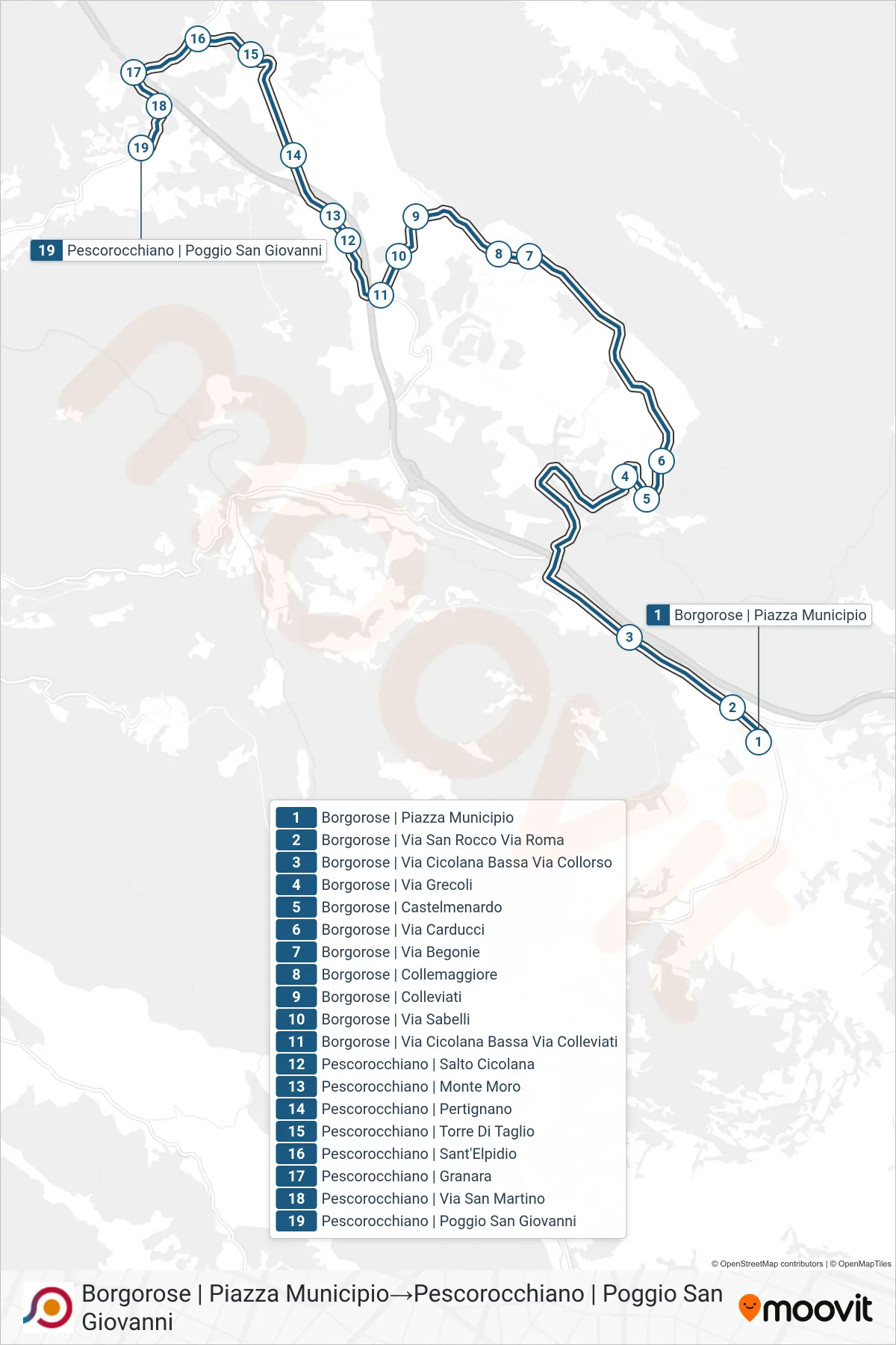 Linea COTRAL bus (Borgorose | Piazza Municipio→Pescorocchiano | Poggio San Giovanni) - Percorsi e fermate sulla mappa