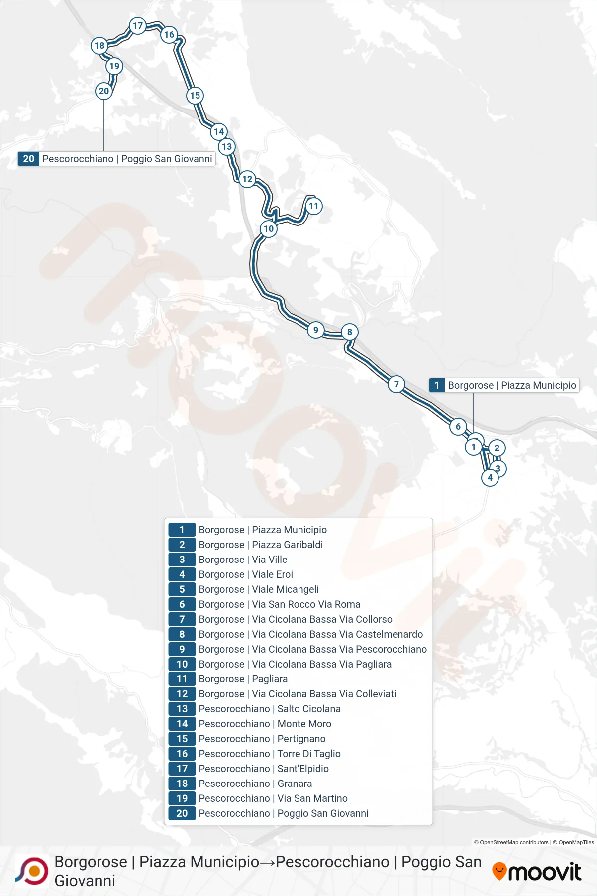 Linea COTRAL bus (Borgorose | Piazza Municipio→Pescorocchiano | Poggio San Giovanni) - Percorsi e fermate sulla mappa