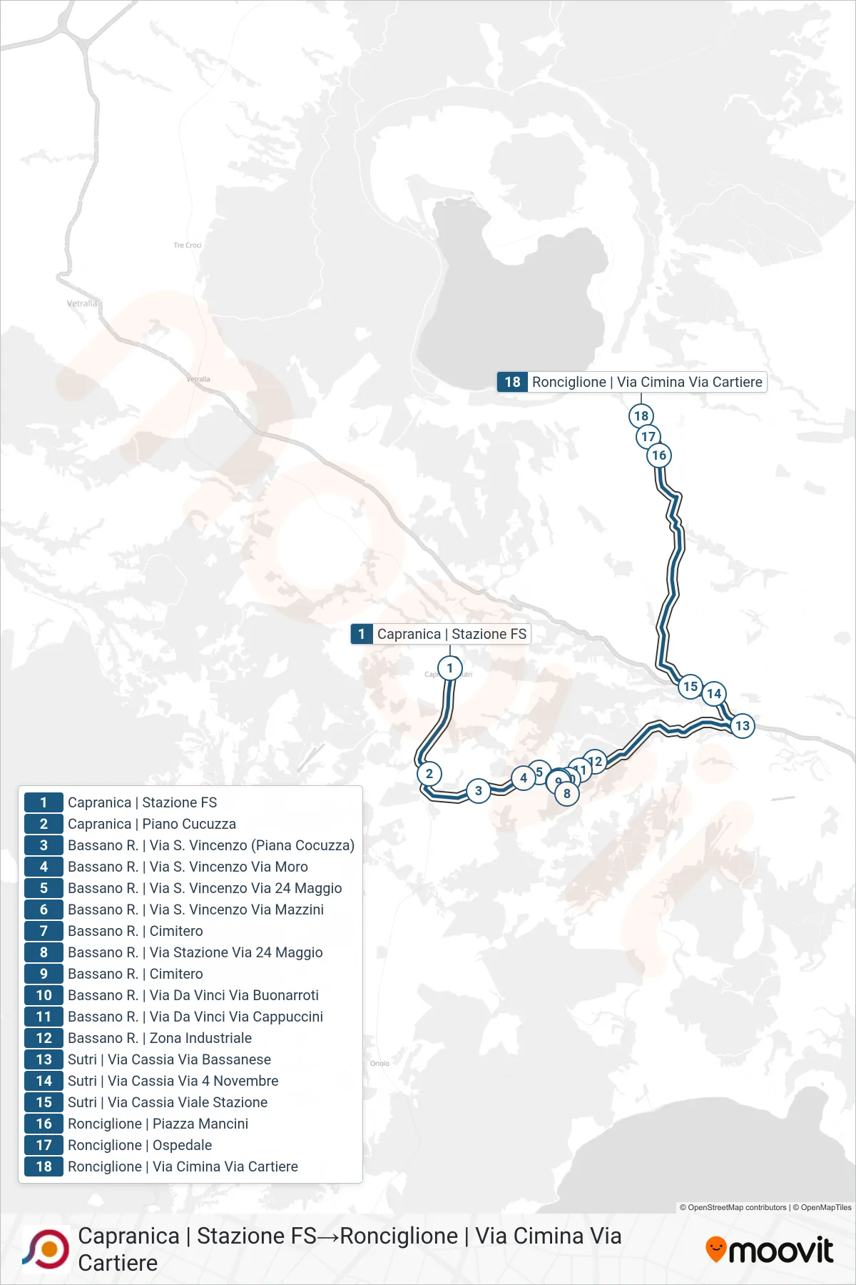 Linea COTRAL bus (Capranica | Stazione FS→Ronciglione | Via Cimina Via Cartiere) - Percorsi e fermate sulla mappa