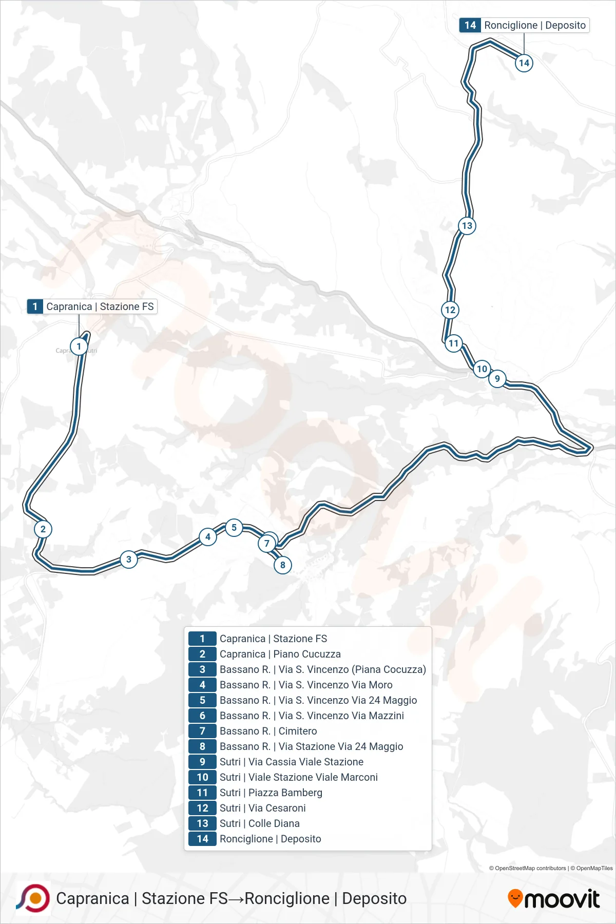 Linea COTRAL bus (Capranica | Stazione FS→Ronciglione | Deposito) - Percorsi e fermate sulla mappa