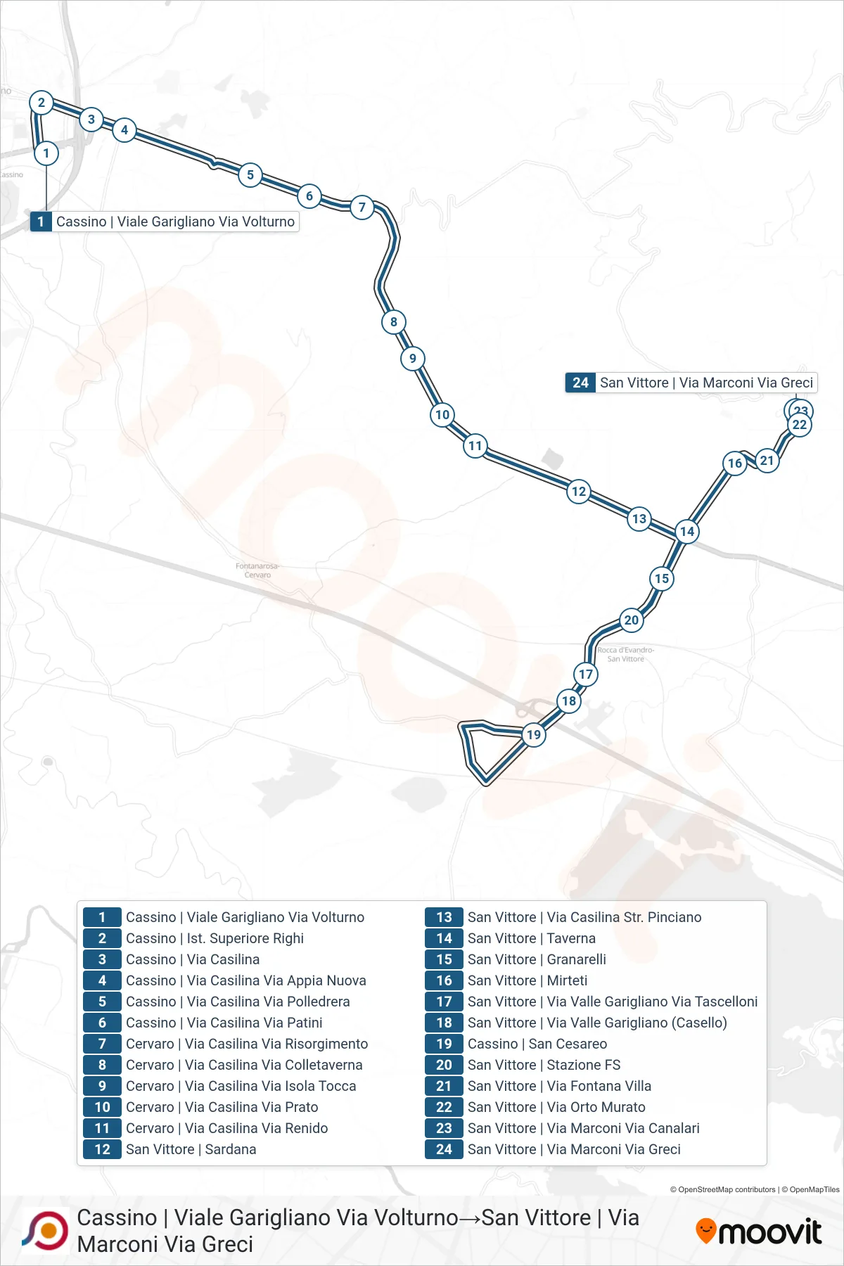 Linea COTRAL bus (Cassino | Viale Garigliano Via Volturno→San Vittore | Via Marconi Via Greci) - Percorsi e fermate sulla mappa