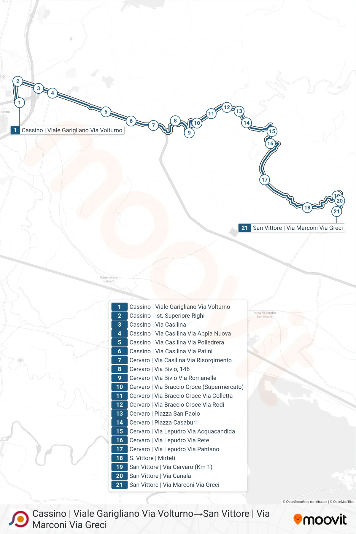 Linea COTRAL bus (Cassino | Viale Garigliano Via Volturno→San Vittore | Via Marconi Via Greci) - Percorsi e fermate sulla mappa