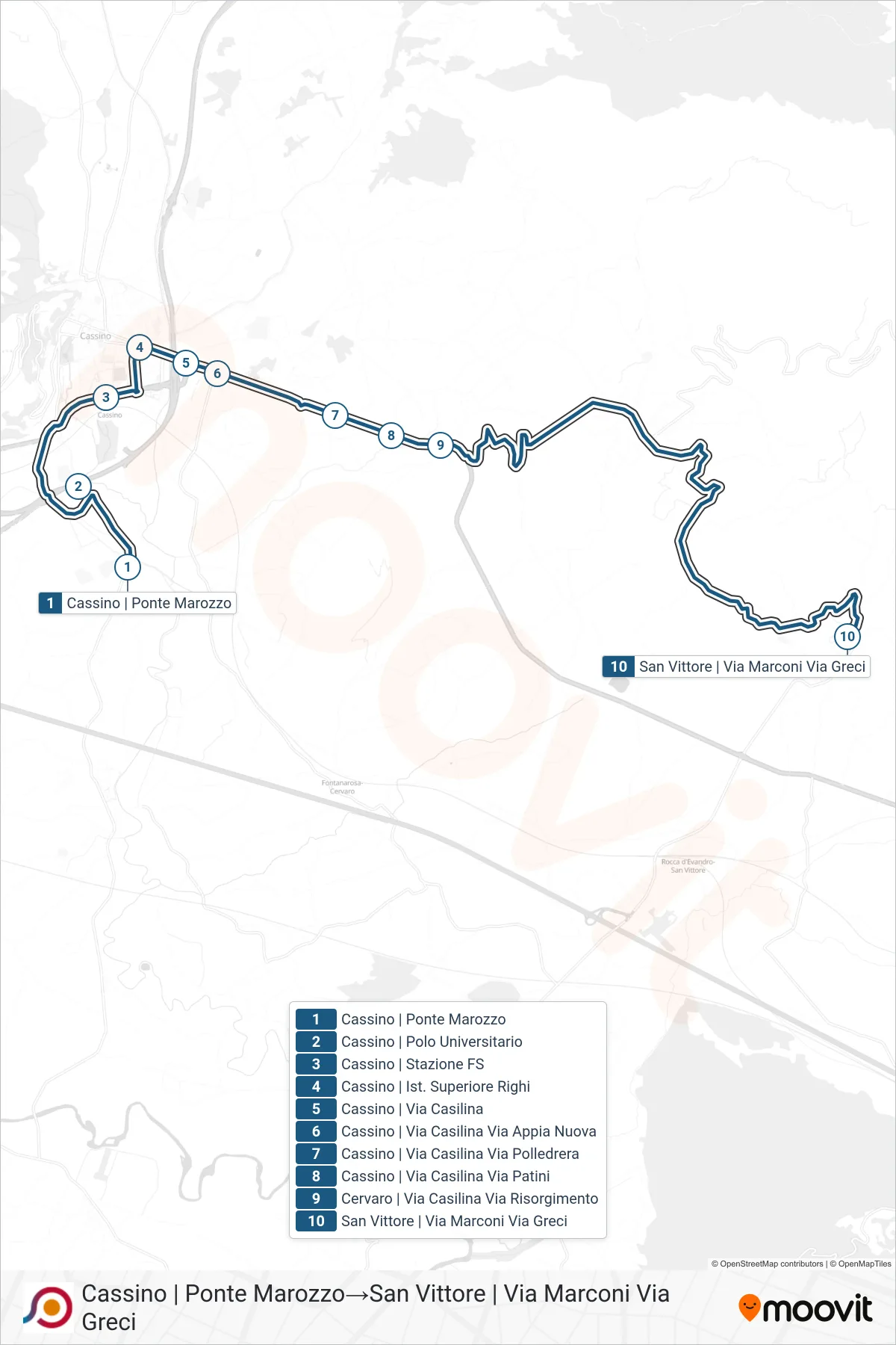 Linea COTRAL bus (Cassino | Ponte Marozzo→San Vittore | Via Marconi Via Greci) - Percorsi e fermate sulla mappa