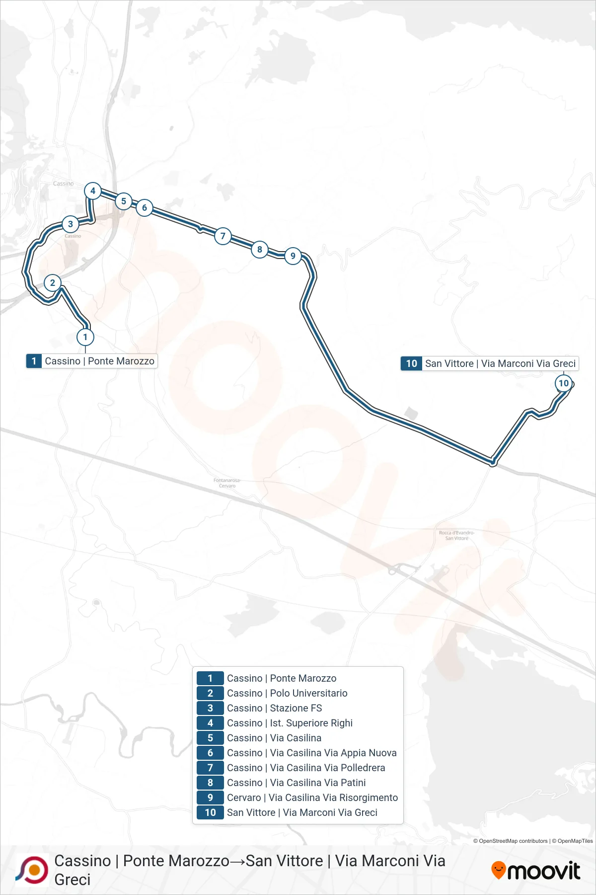 Linea COTRAL bus (Cassino | Ponte Marozzo→San Vittore | Via Marconi Via Greci) - Percorsi e fermate sulla mappa