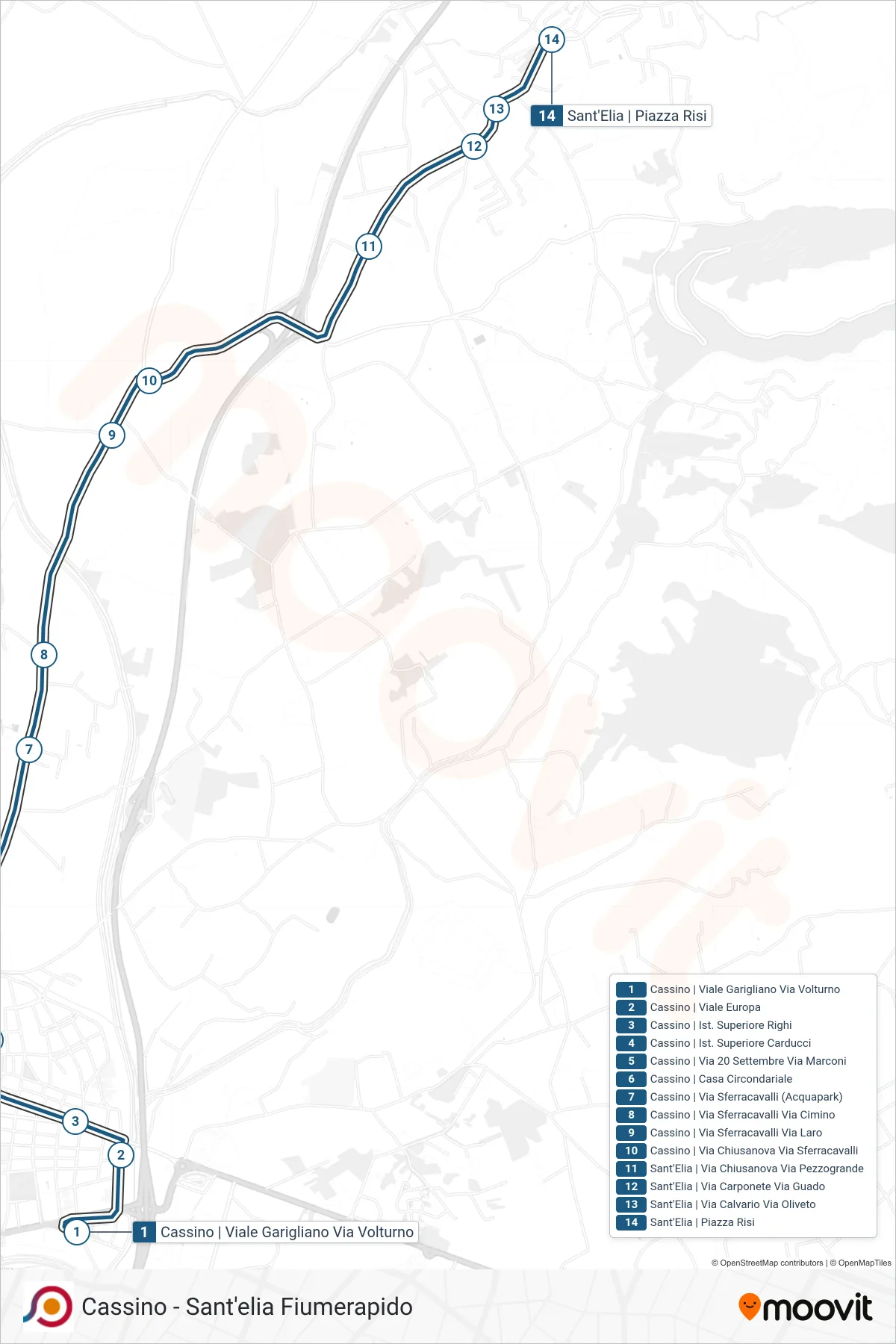 Linea COTRAL bus (Cassino | Viale Garigliano Via Volturno→Sant'Elia | Piazza Risi) - Percorsi e fermate sulla mappa