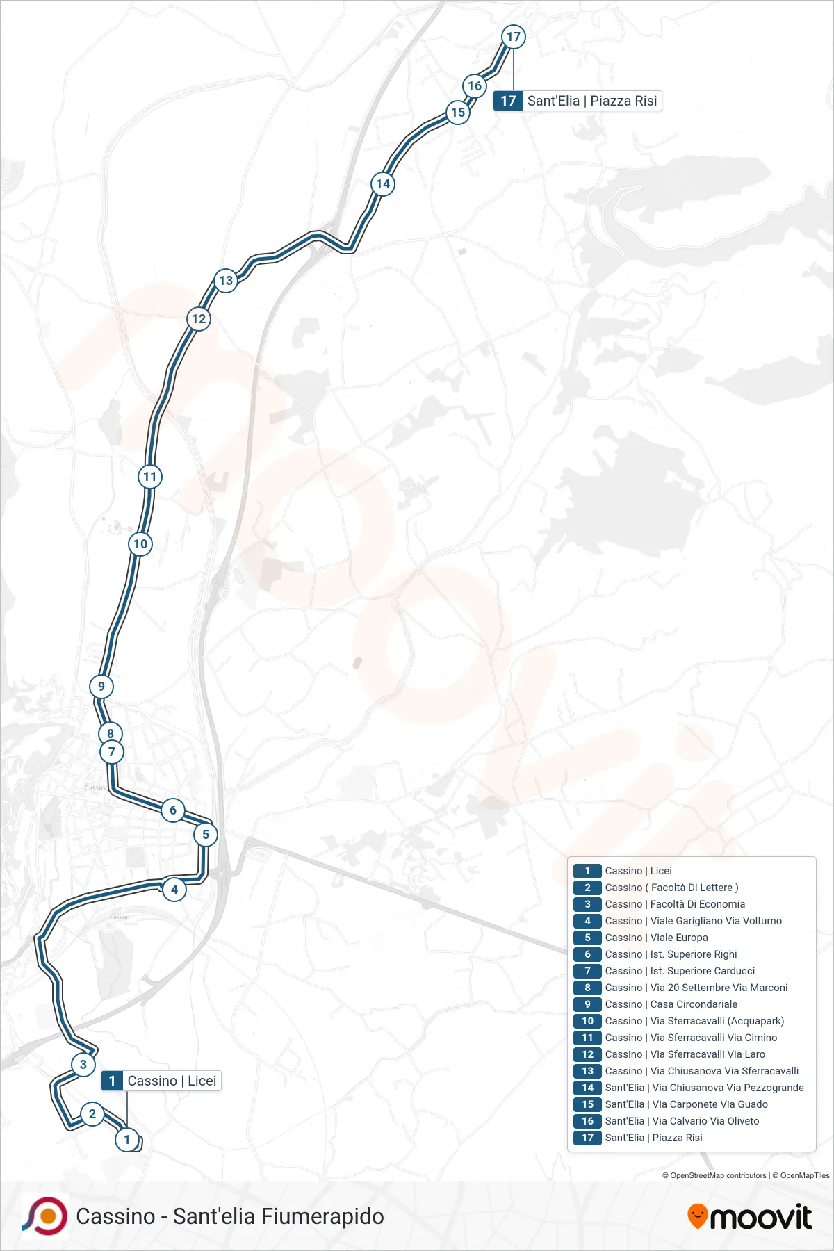 Linea COTRAL bus (Cassino | Licei→Sant'Elia | Piazza Risi) - Percorsi e fermate sulla mappa