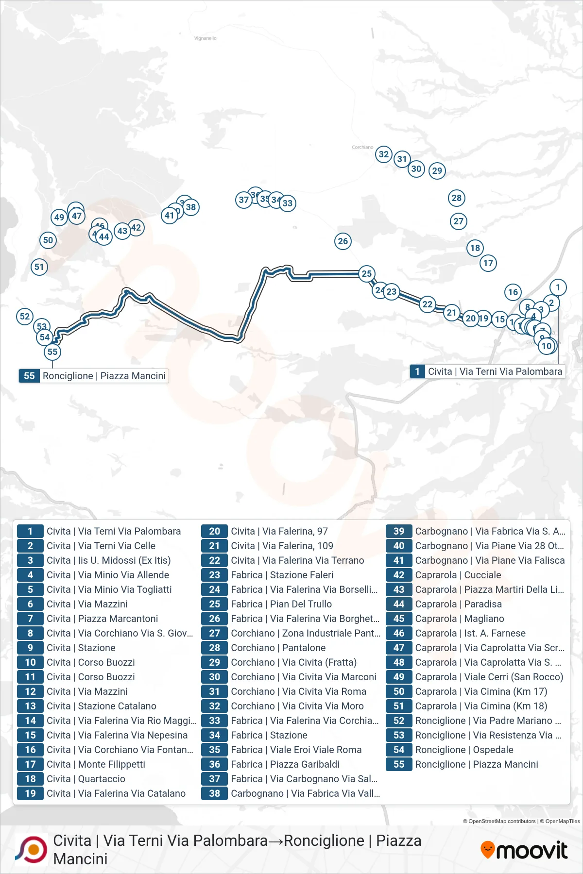 Linea COTRAL bus (Civita | Via Terni Via Palombara→Ronciglione | Piazza Mancini) - Percorsi e fermate sulla mappa