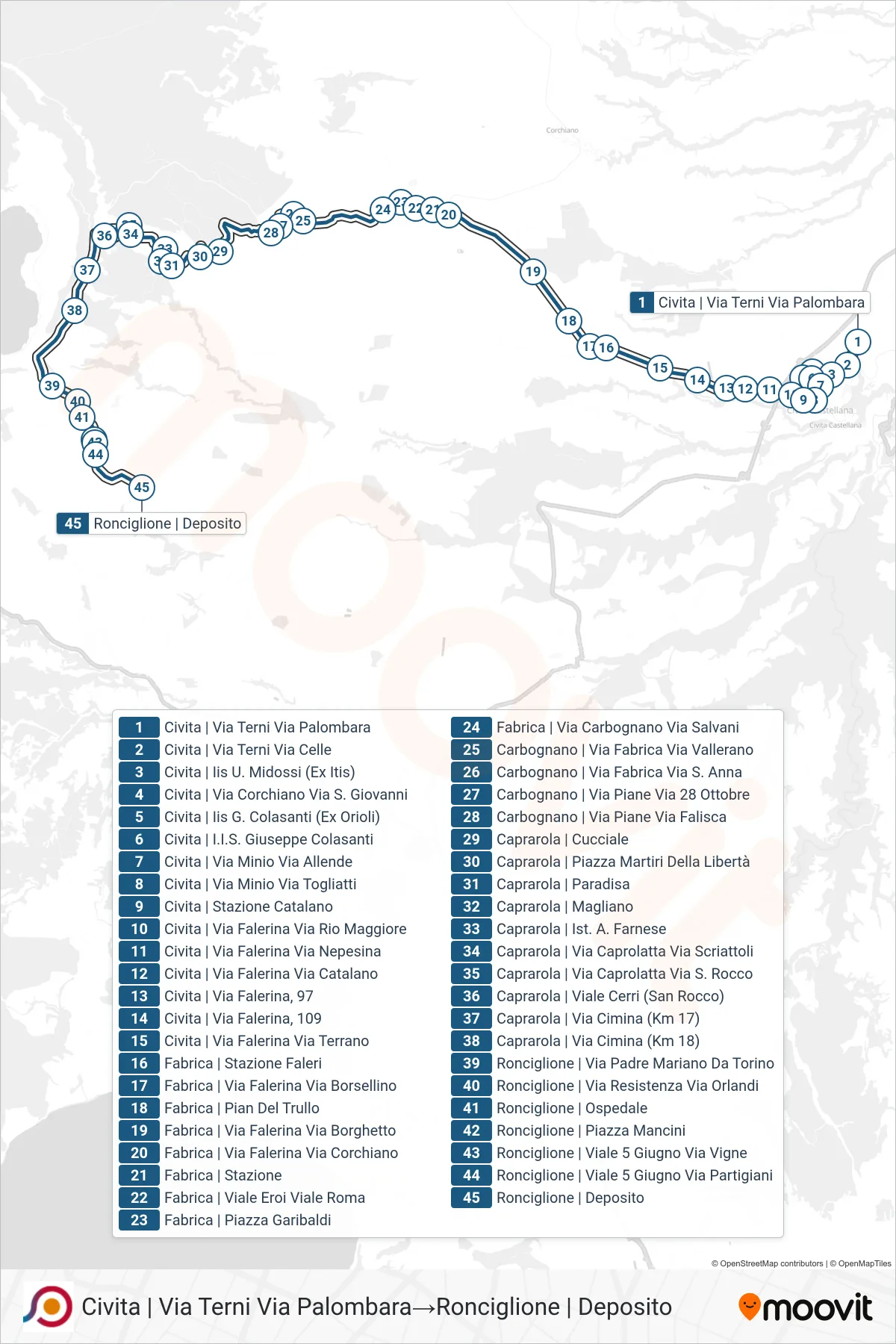 Linea COTRAL bus (Civita | Via Terni Via Palombara→Ronciglione | Deposito) - Percorsi e fermate sulla mappa