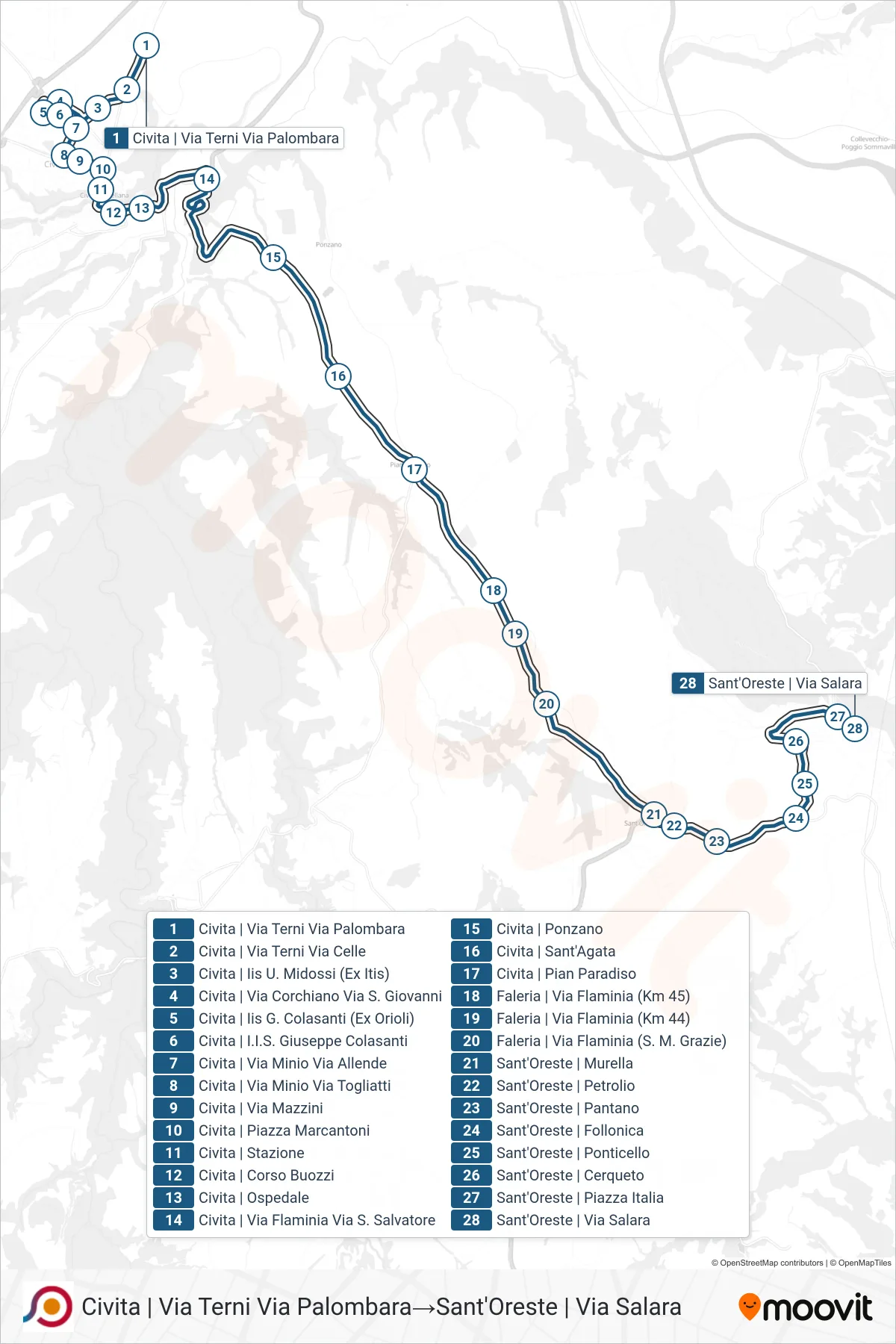 Linea COTRAL bus (Civita | Via Terni Via Palombara→Sant'Oreste | Via Salara) - Percorsi e fermate sulla mappa