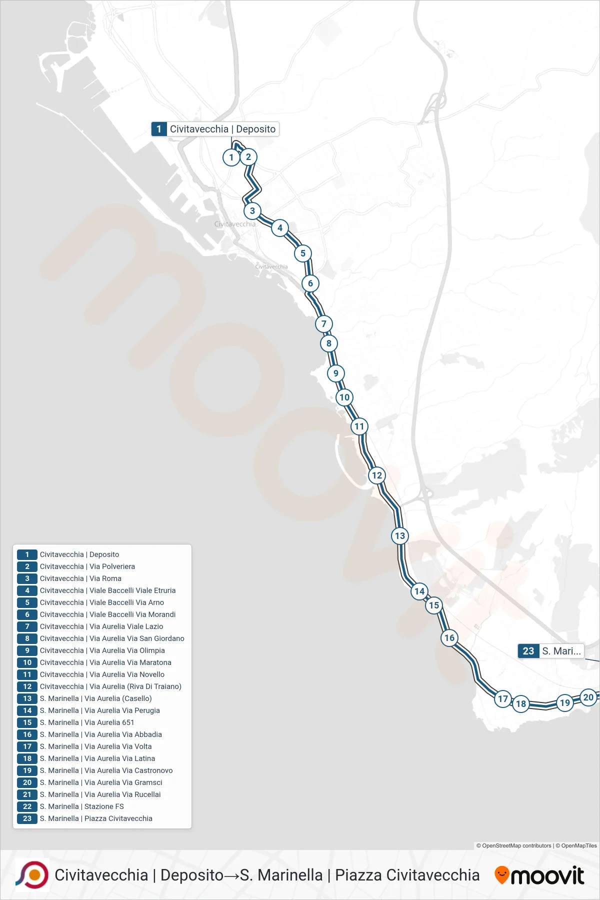 Linea COTRAL bus (Civitavecchia | Deposito→S. Marinella | Piazza Civitavecchia) - Percorsi e fermate sulla mappa
