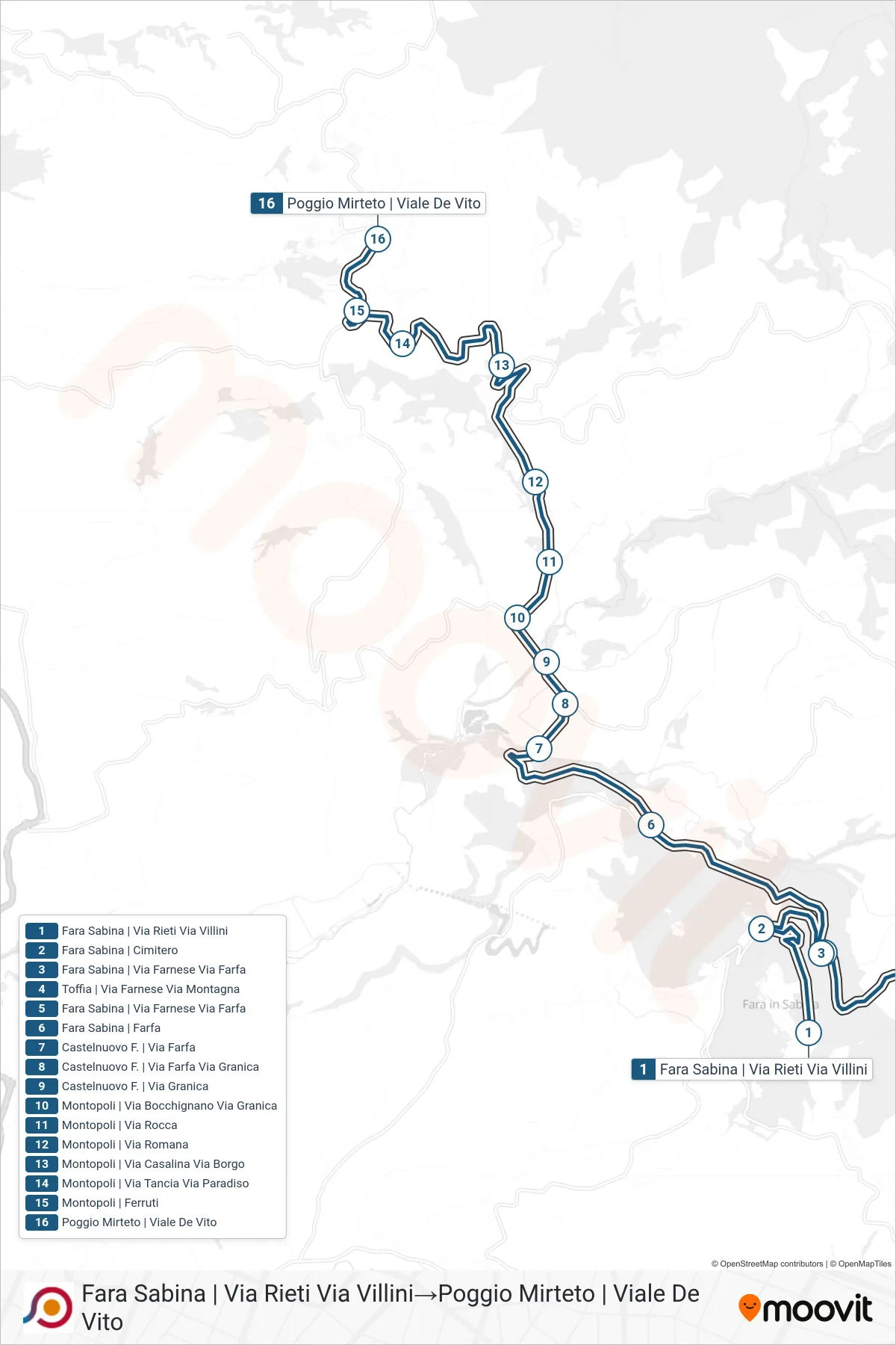Linea COTRAL bus (Fara Sabina | Via Rieti Via Villini→Poggio Mirteto | Viale De Vito) - Percorsi e fermate sulla mappa