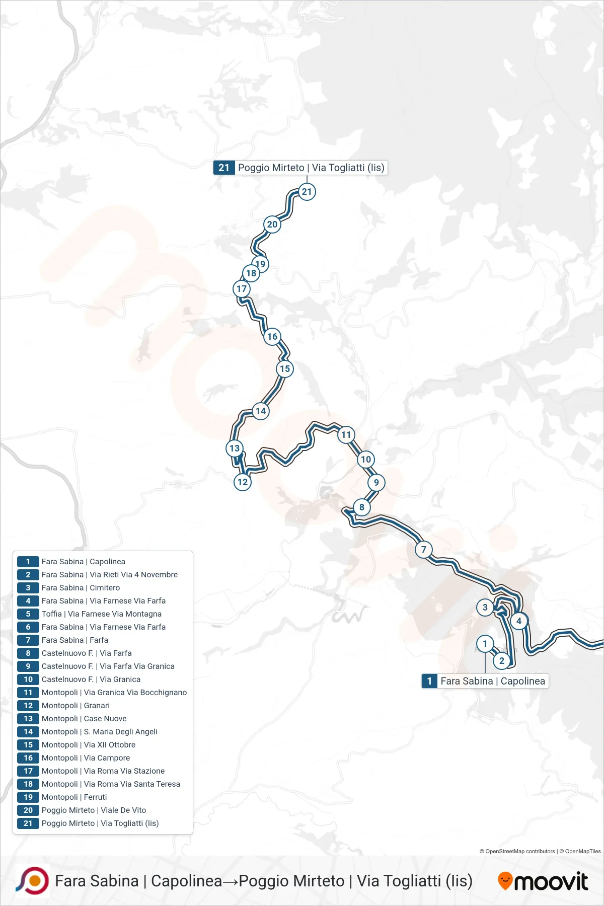 Linea COTRAL bus (Fara Sabina | Capolinea→Poggio Mirteto | Via Togliatti (Iis)) - Percorsi e fermate sulla mappa