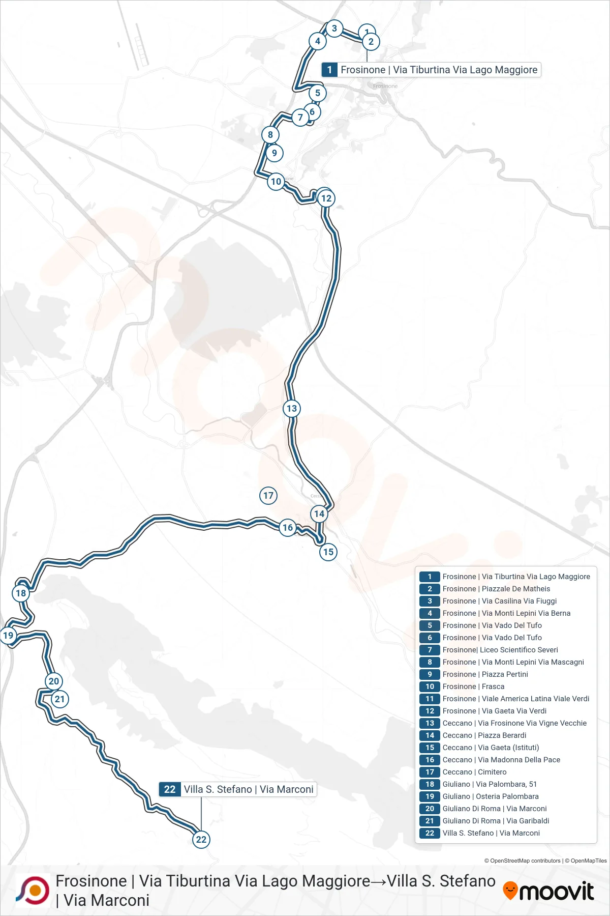 Linea COTRAL bus (Frosinone | Via Tiburtina Via Lago Maggiore→Villa S. Stefano | Via Marconi) - Percorsi e fermate sulla mappa