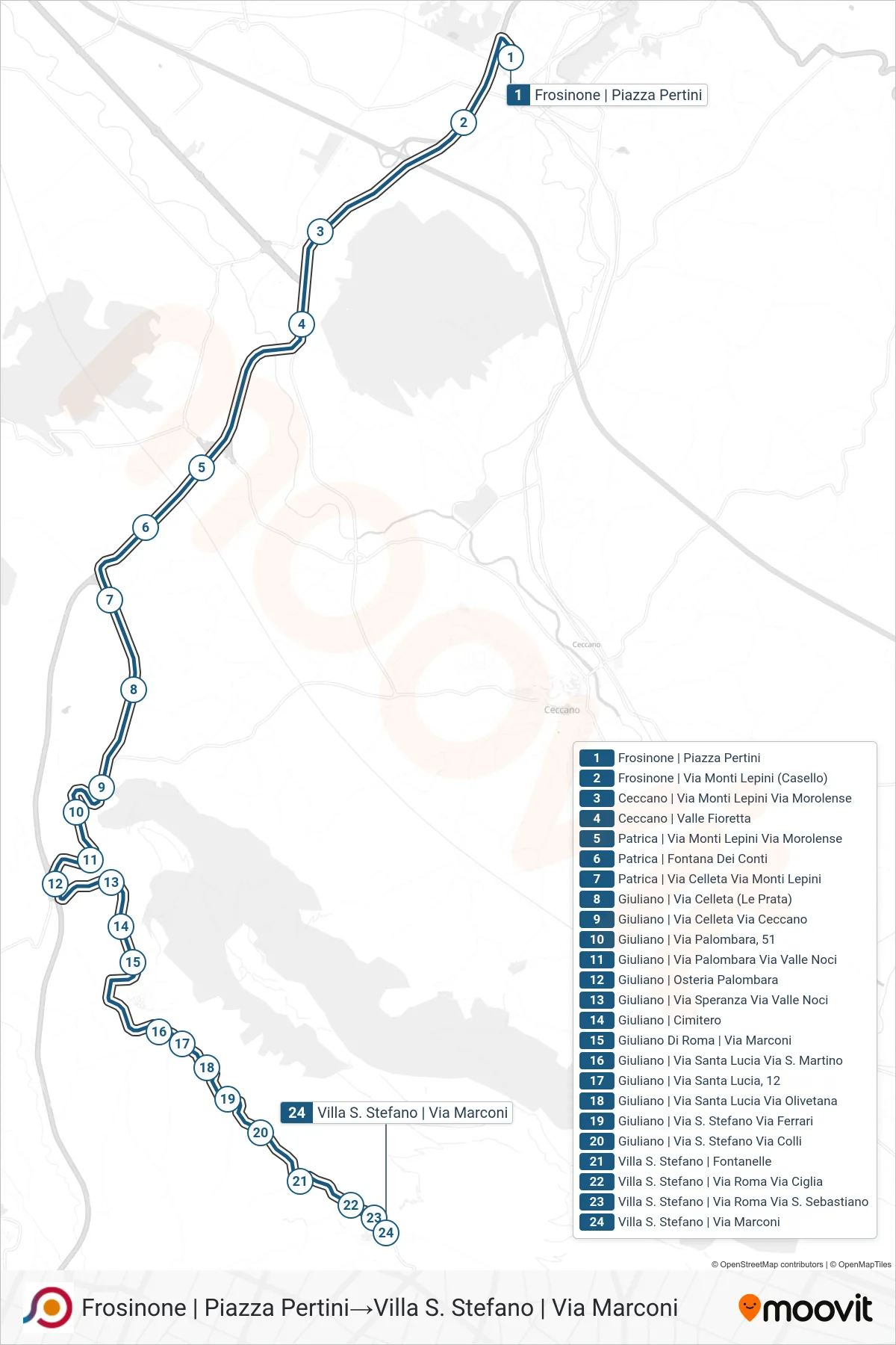 Linea COTRAL bus (Frosinone | Piazza Pertini→Villa S. Stefano | Via Marconi) - Percorsi e fermate sulla mappa