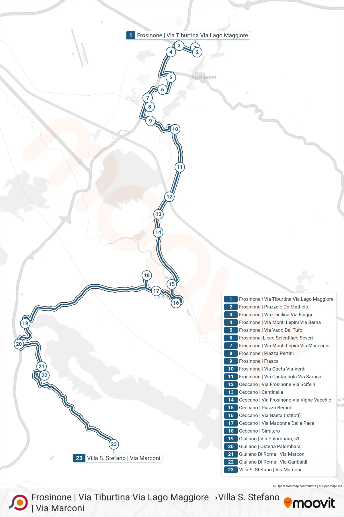 Linea COTRAL bus (Frosinone | Via Tiburtina Via Lago Maggiore→Villa S. Stefano | Via Marconi) - Percorsi e fermate sulla mappa