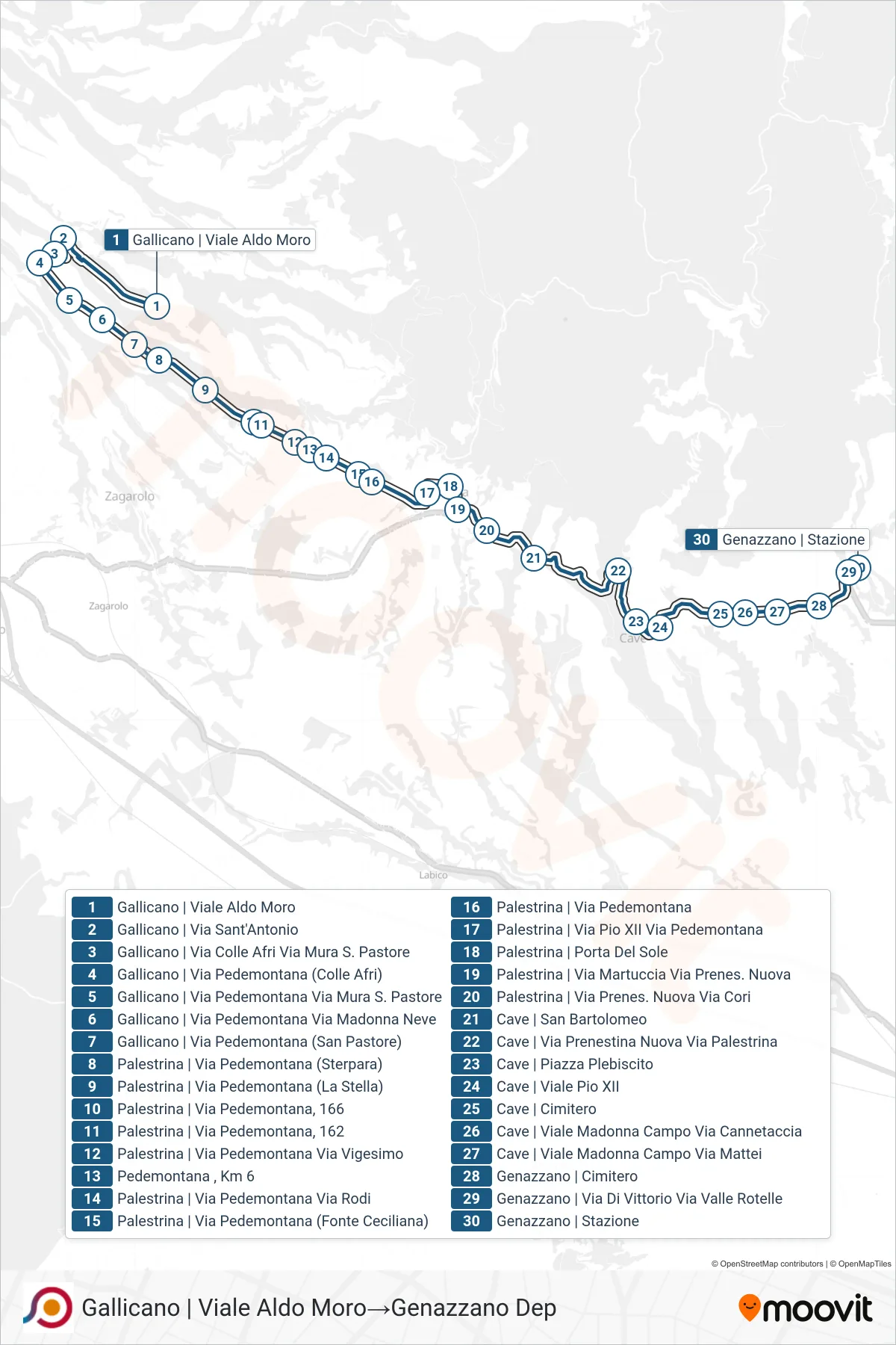 Linea COTRAL bus (Gallicano | Viale Aldo Moro→Genazzano Dep) - Percorsi e fermate sulla mappa
