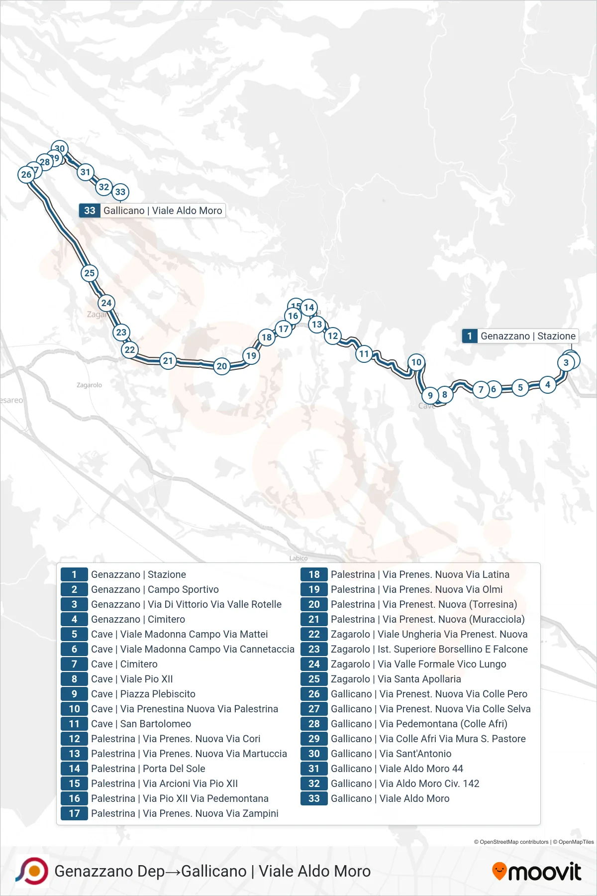 Linea COTRAL bus (Genazzano Dep→Gallicano | Viale Aldo Moro) - Percorsi e fermate sulla mappa